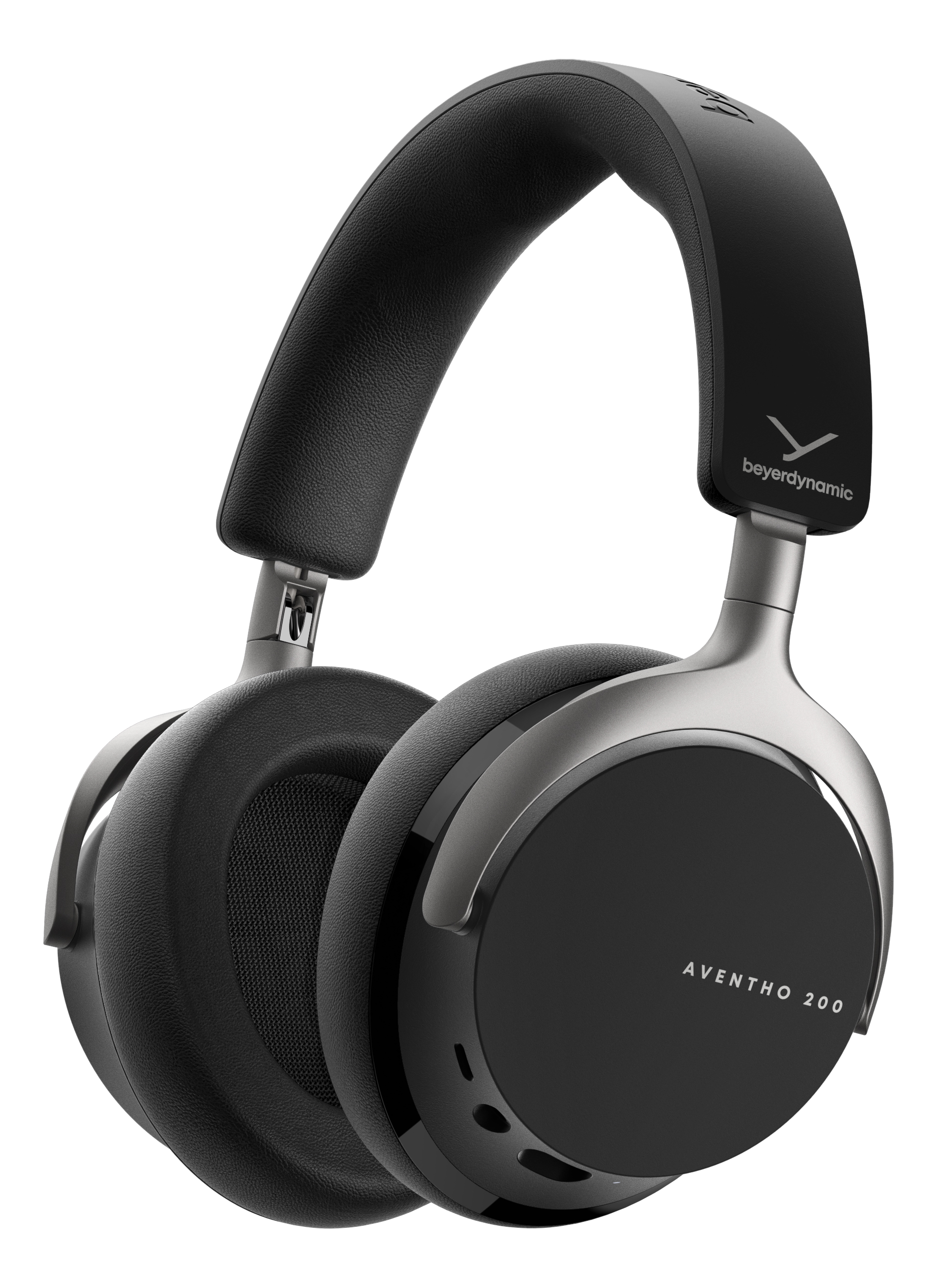 Schwarze Kopfhörer mit silbernen Akzenten. Marke Beyerdynamic, Modell Aventho 200, vor schwarzem Hintergrund.