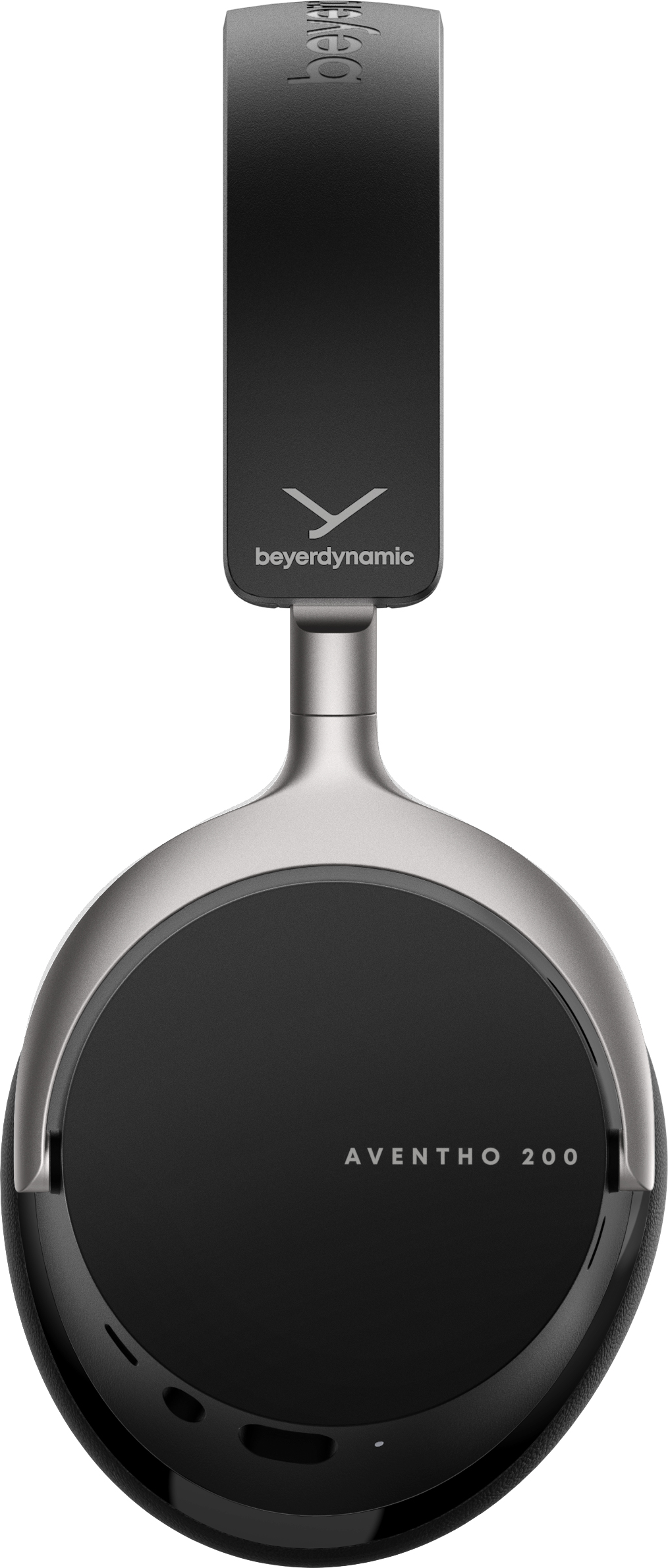 Kopfhörer mit schwarzen Ohrmuscheln und silbernem Rahmen. Der Markenname 'beyerdynamic' ist sichtbar. Das Modell heißt 'AVENTHO 200'.