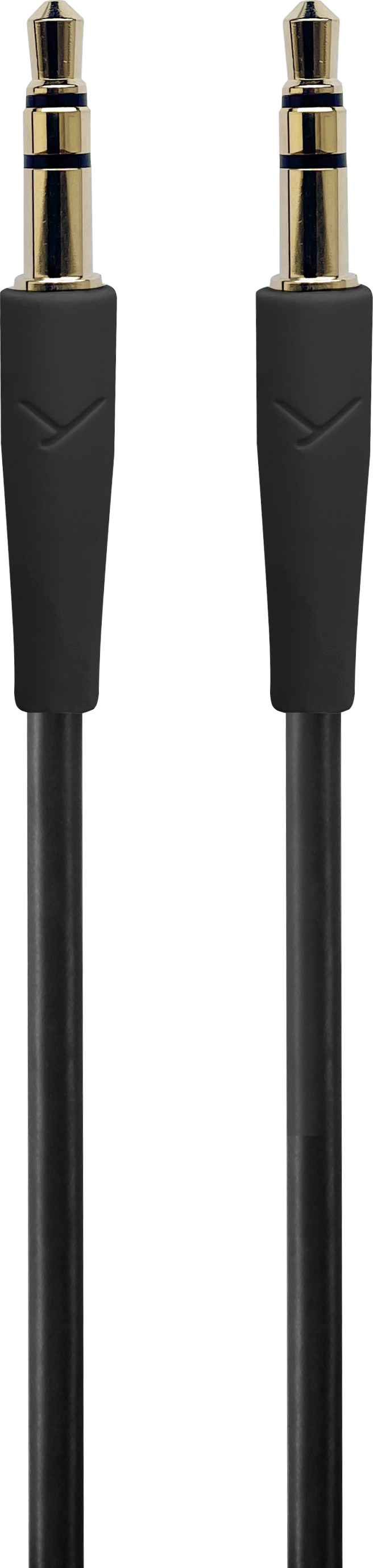 Zwei schwarze Audiokabel mit goldfarbenen Steckern vor weißem Hintergrund.