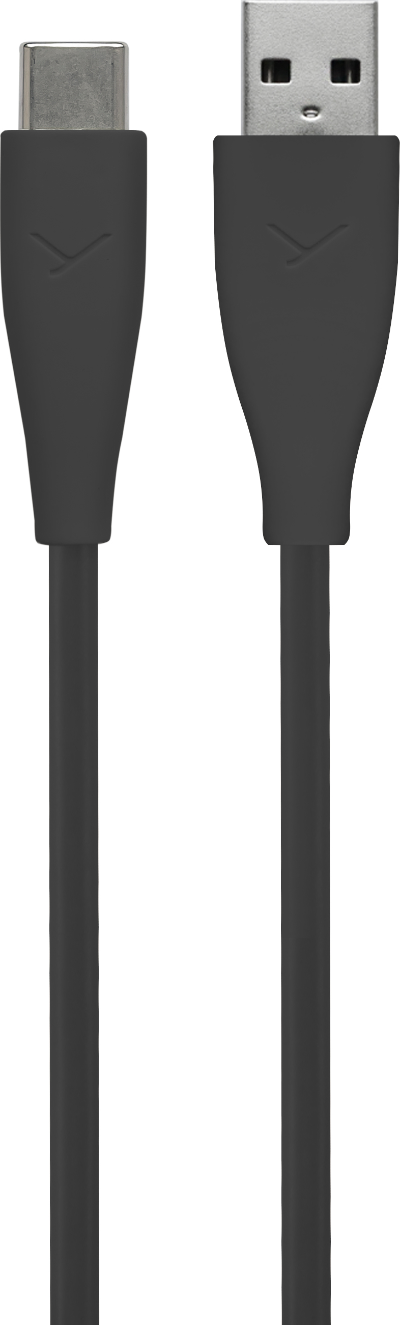 Das Bild zeigt ein schwarzes USB-C- und ein USB-A-Kabel auf weißem Hintergrund. Jedes hat ein Logo auf seinem Gehäuse.