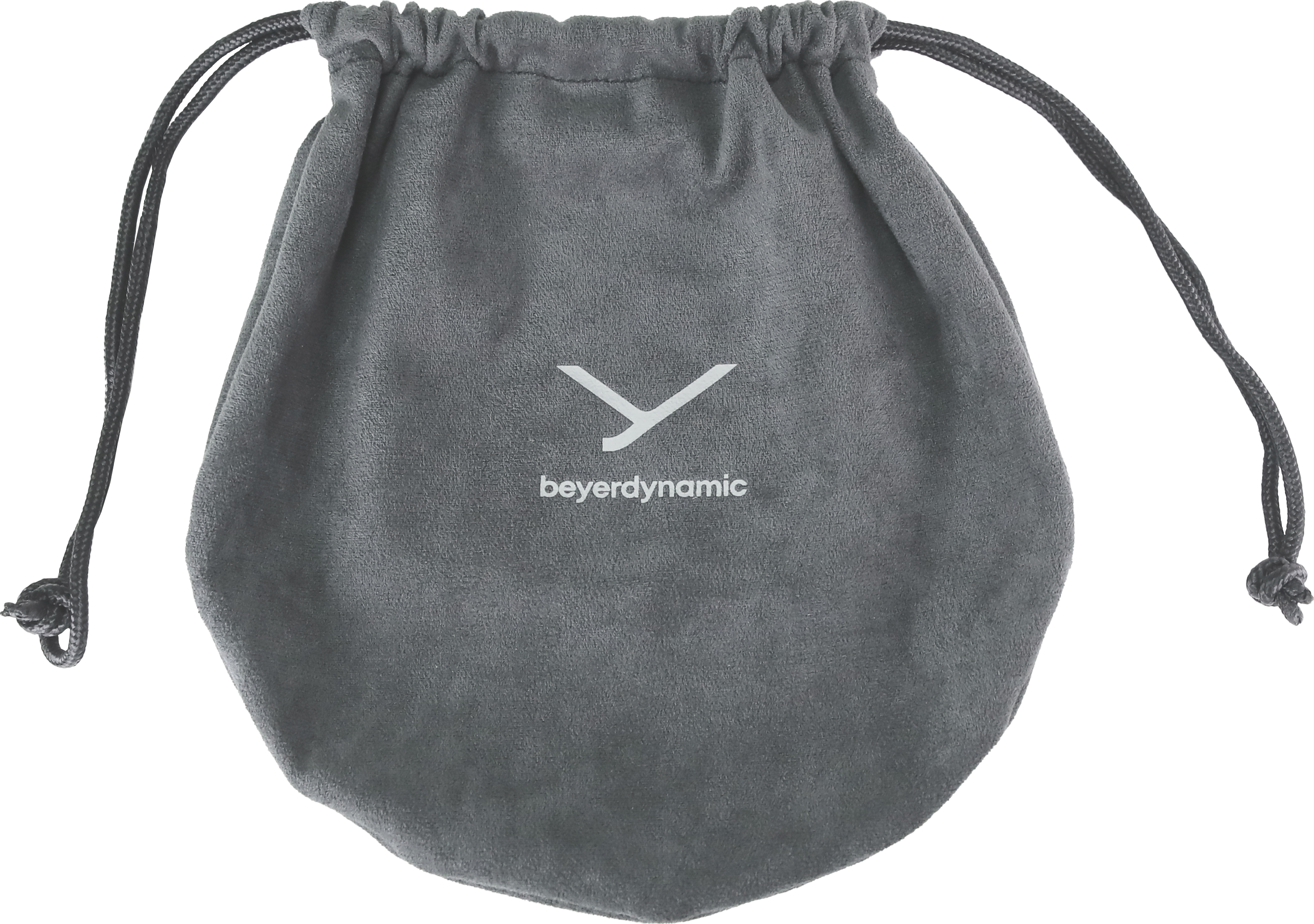 Ein grauer Kordelzugbeutel mit dem Beyerdynamic-Logo. Schwarze Kordeln sind oben sichtbar.