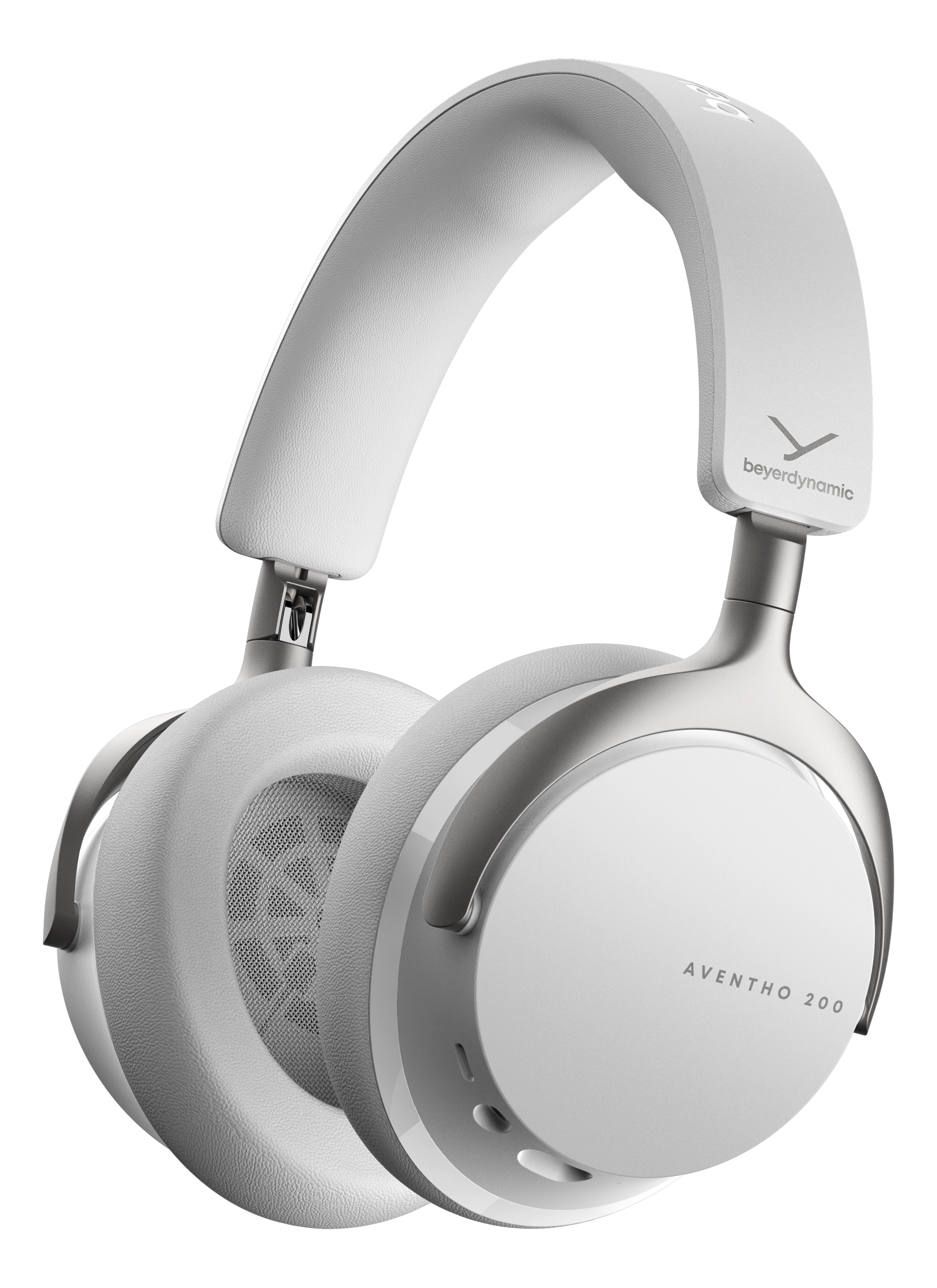 Weiße Beyerdynamic AVENTHO 200 Kopfhörer auf schwarzem Hintergrund. Die Kopfhörer sind detailliert.