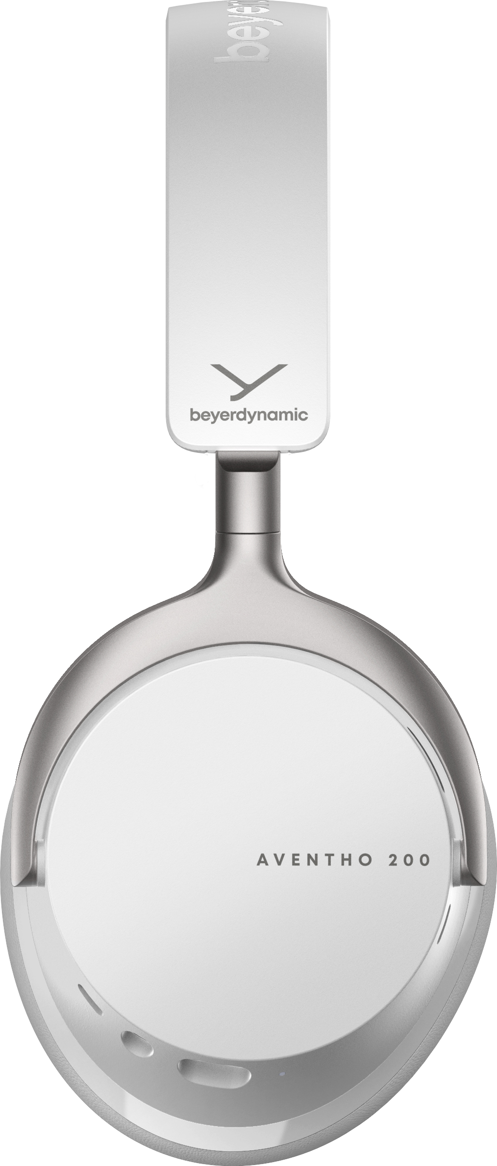 Weiße Beyerdynamic AVENTHO 200 Kopfhörer. Die Kopfhörer sind silbern und weiß, mit dem Markennamen auf dem Bügel und den Ohrmuscheln.