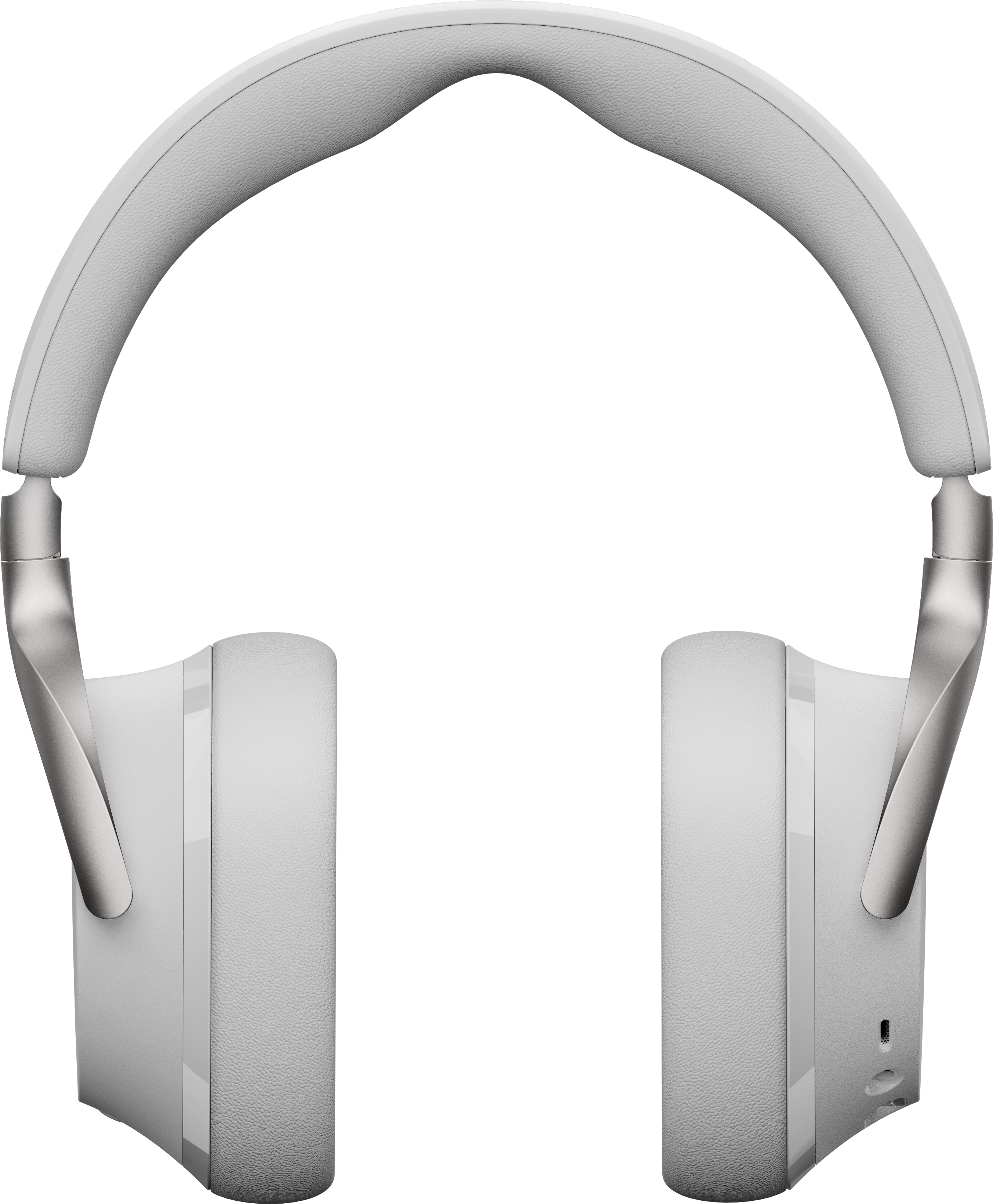 Weiße Kopfhörer mit silbernen Akzenten vor weißem Hintergrund. Die Kopfhörer sind Over-Ear.