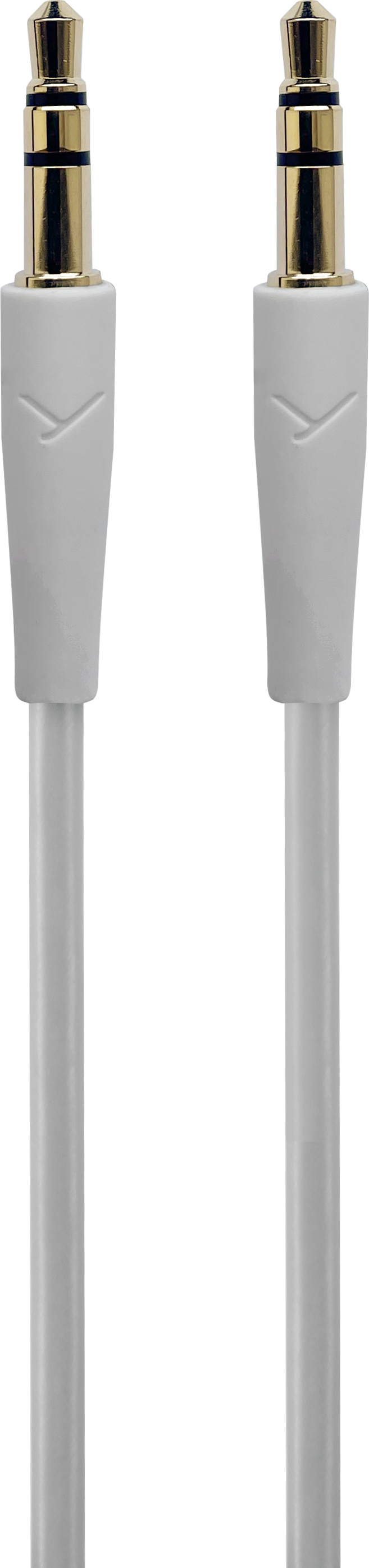 Zwei weiße Audiokabel mit goldfarbenen Steckern vor weißem Hintergrund.