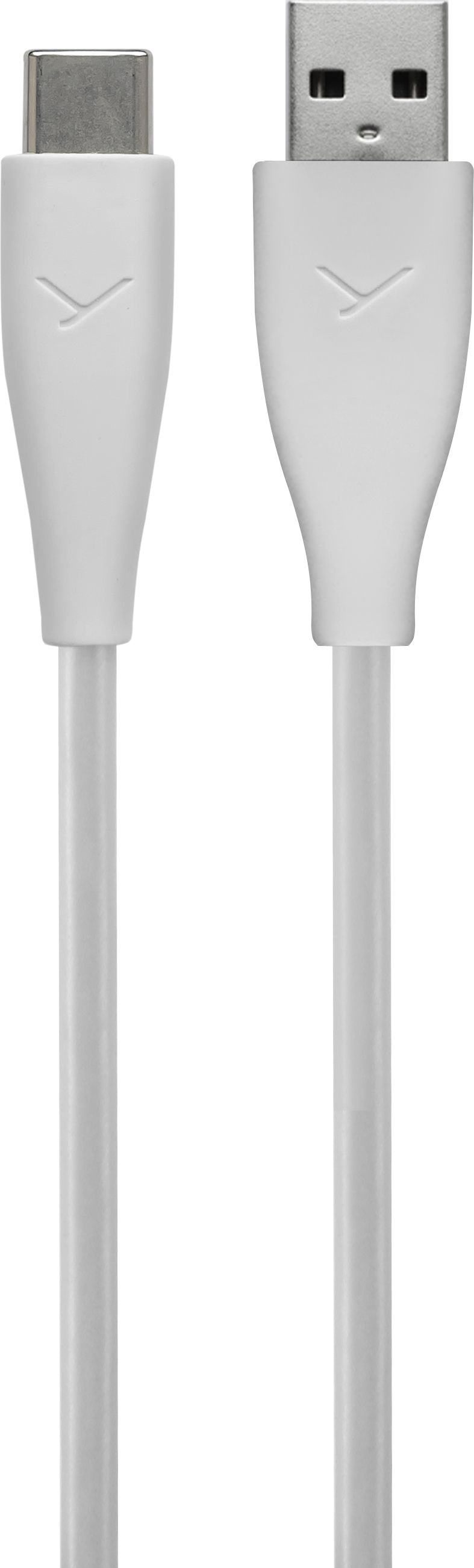 Zwei weiße USB-Kabel, eines vom Typ C, das andere USB-A. Beide haben ein Logo und weiße Stiele.