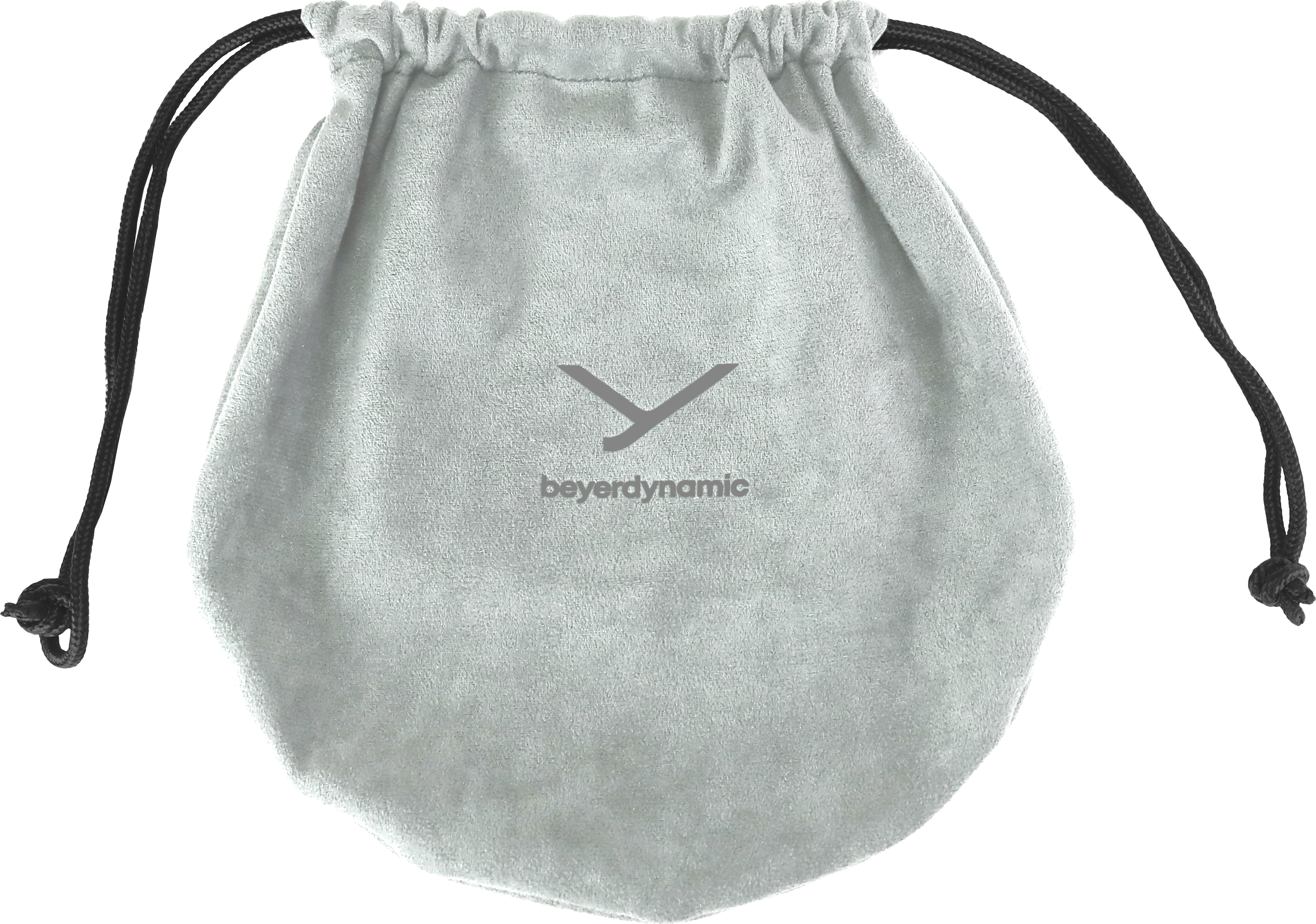 Ein hellgrauer Kordelzugbeutel mit schwarzem Kordel. Er hat das Beyerdynamic-Logo.