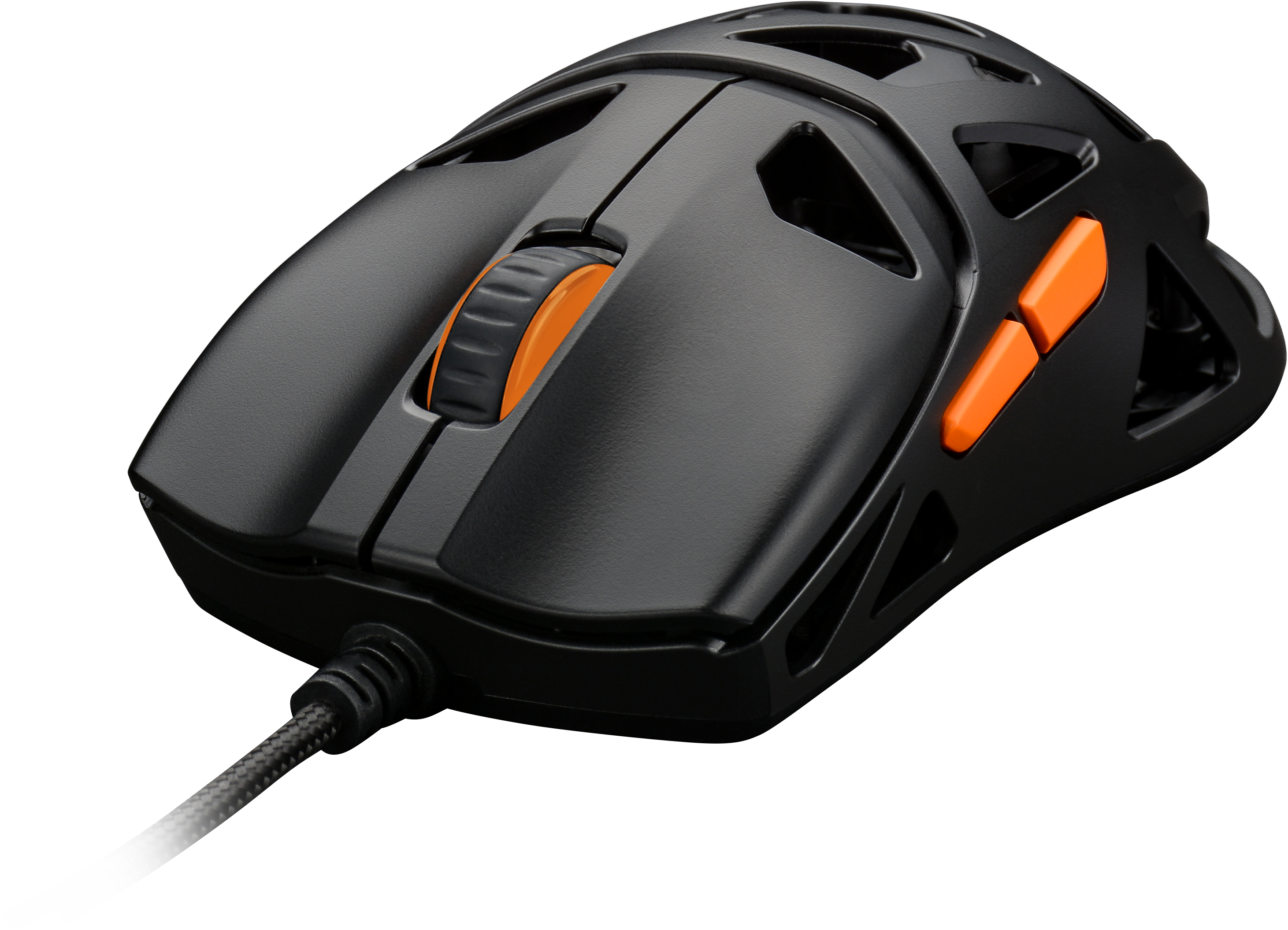 Schwarze Gaming-Maus mit orangefarbenen Akzenten und Scrollrad auf schwarzem Hintergrund. Kabel befestigt.