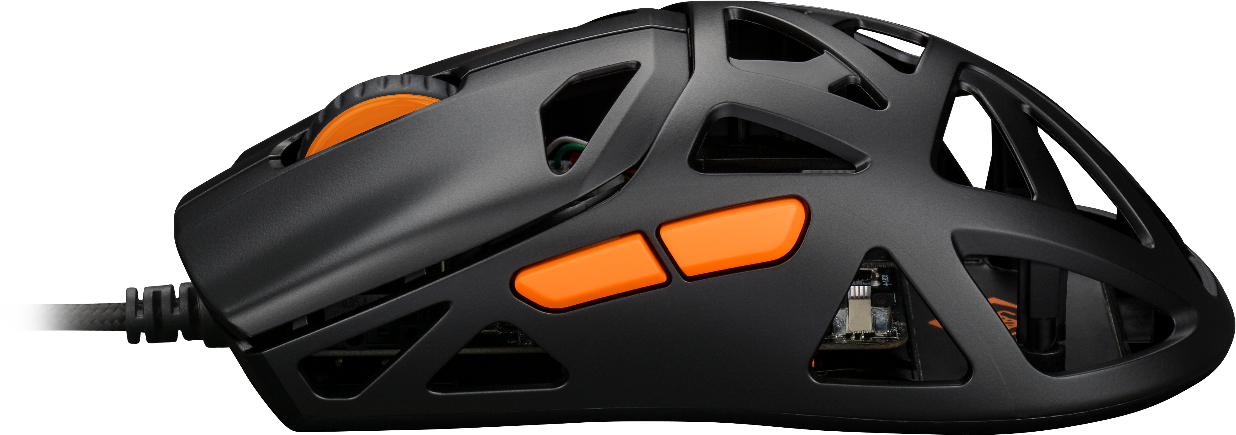 Schwarze Gaming-Maus mit orangefarbenen Akzenten. Sichtbares Scrollrad, Tasten und interne Komponenten.