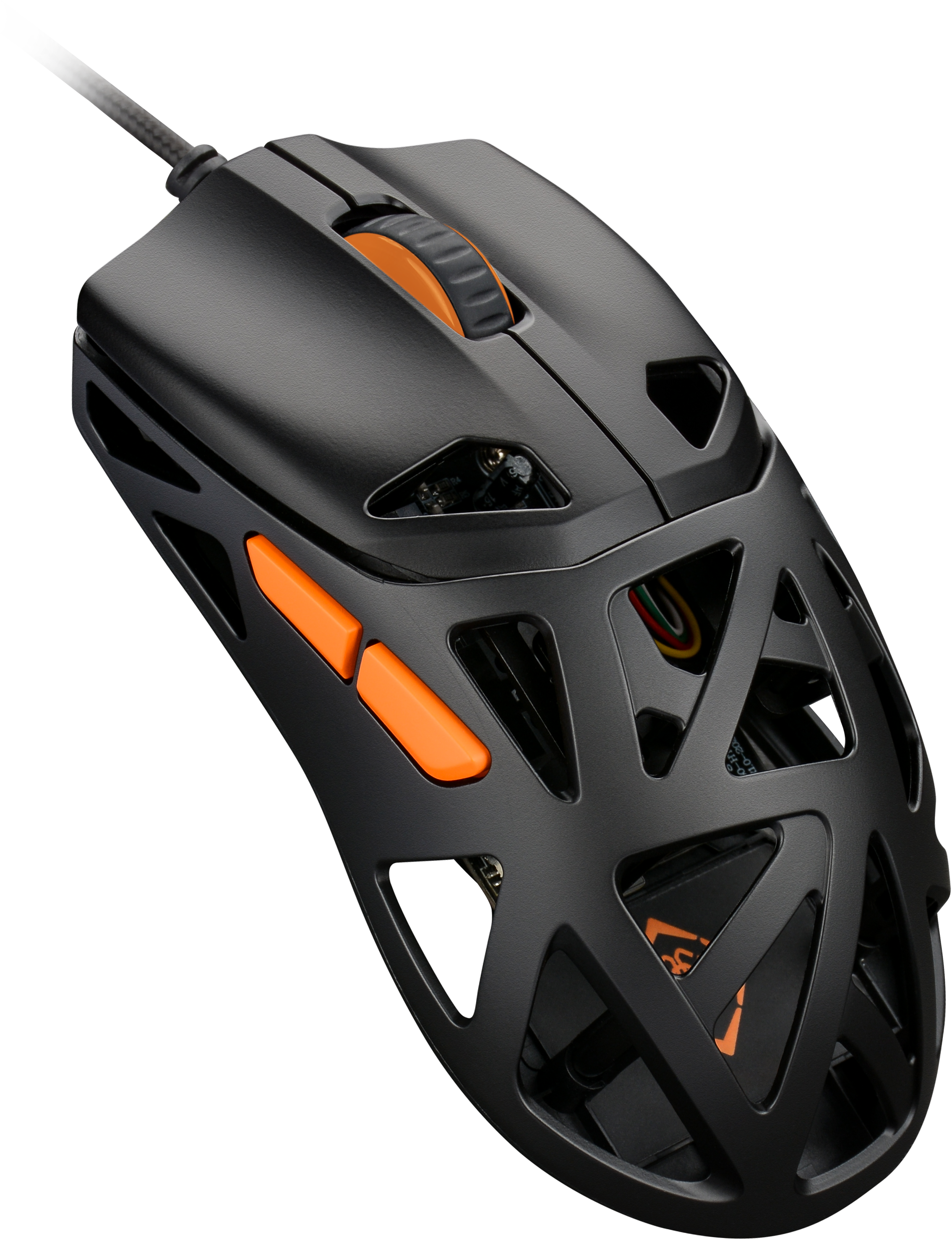 Schwarze Gaming-Maus mit orangefarbenen Akzenten. Sichtbare interne Komponenten. Schwarzes Kabel.