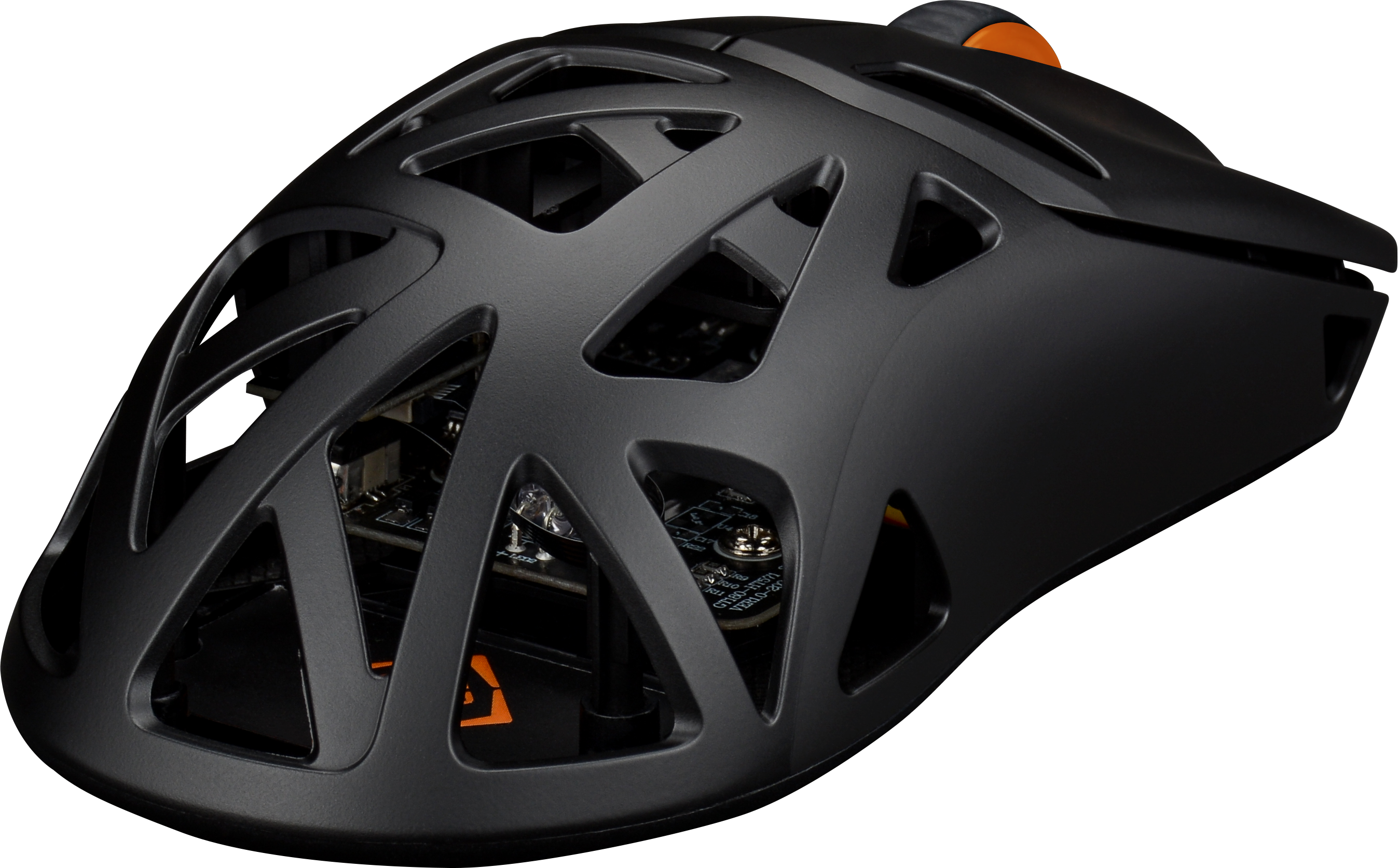 Schwarze Gaming-Maus mit offenem Rahmendesign. Orange Akzente sind sichtbar.