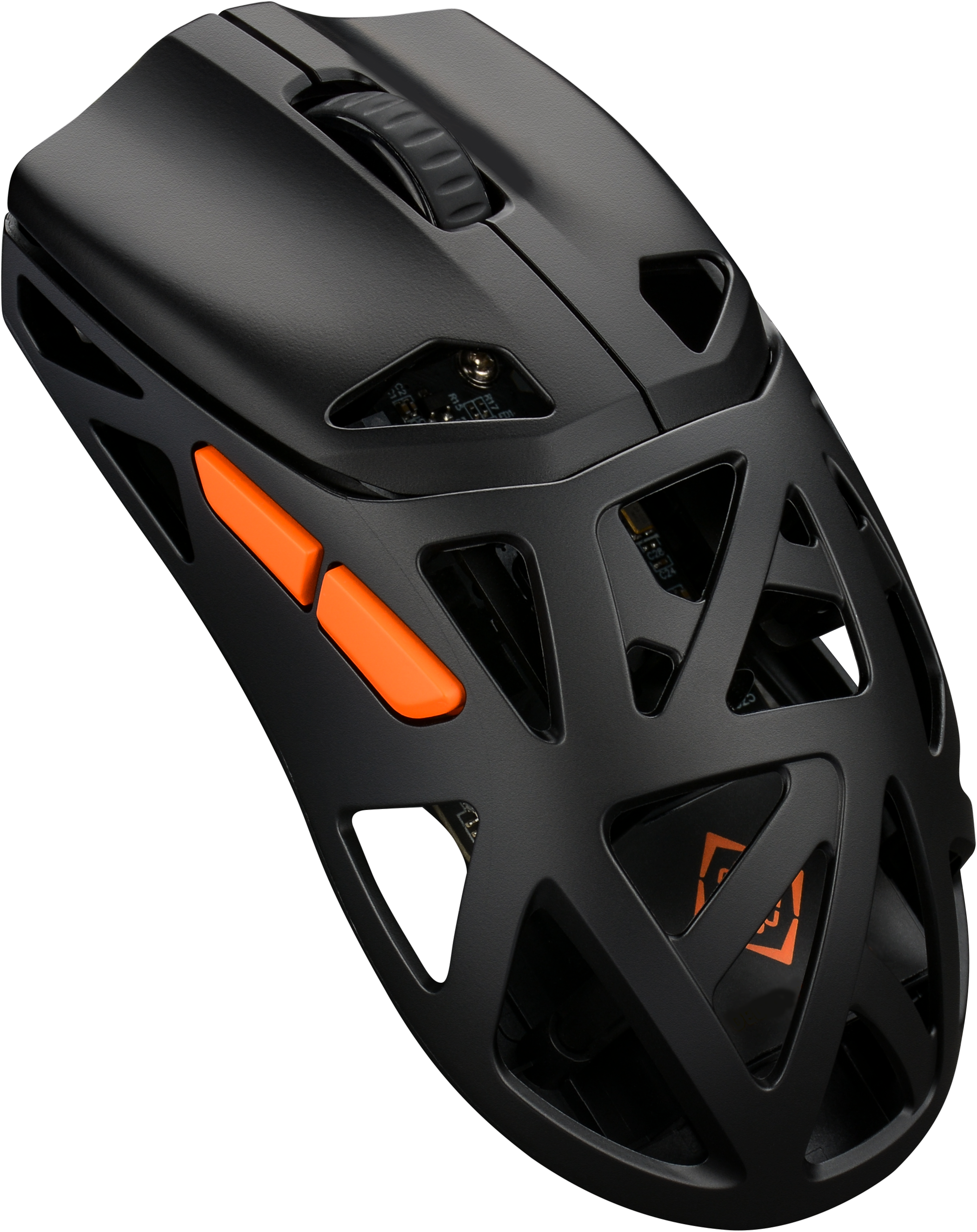 Schwarze Gaming-Maus mit orangefarbenen Akzenten, offen gestaltet und mit Scrollrad.