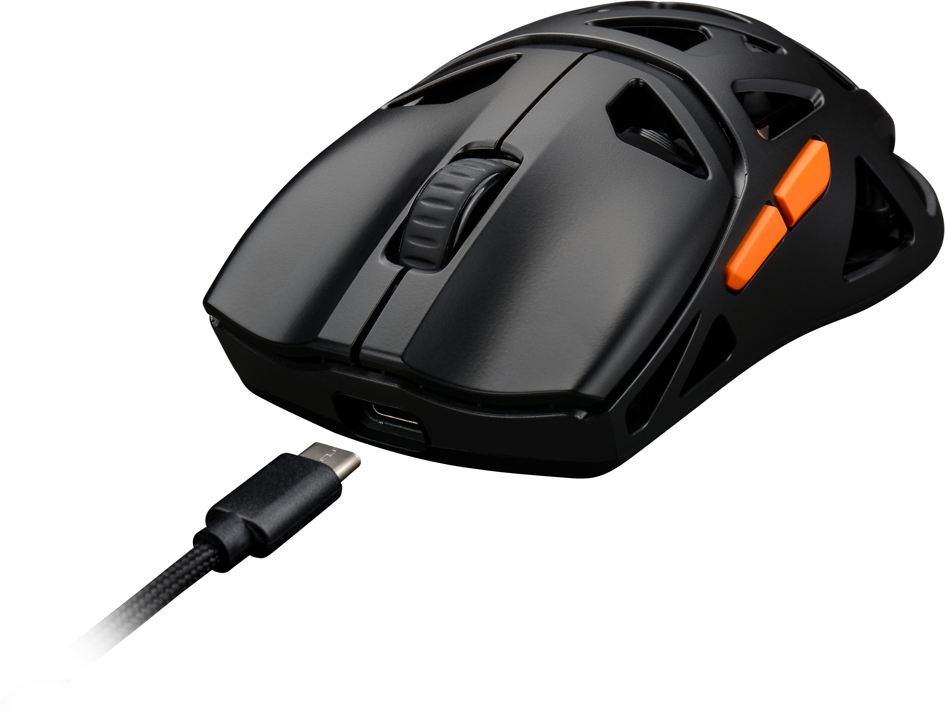 Schwarze Gaming-Maus mit orangefarbenen Akzenten und einem USB-C-Kabel. Die Maus hat ein Scrollrad und zwei Seitentasten.
