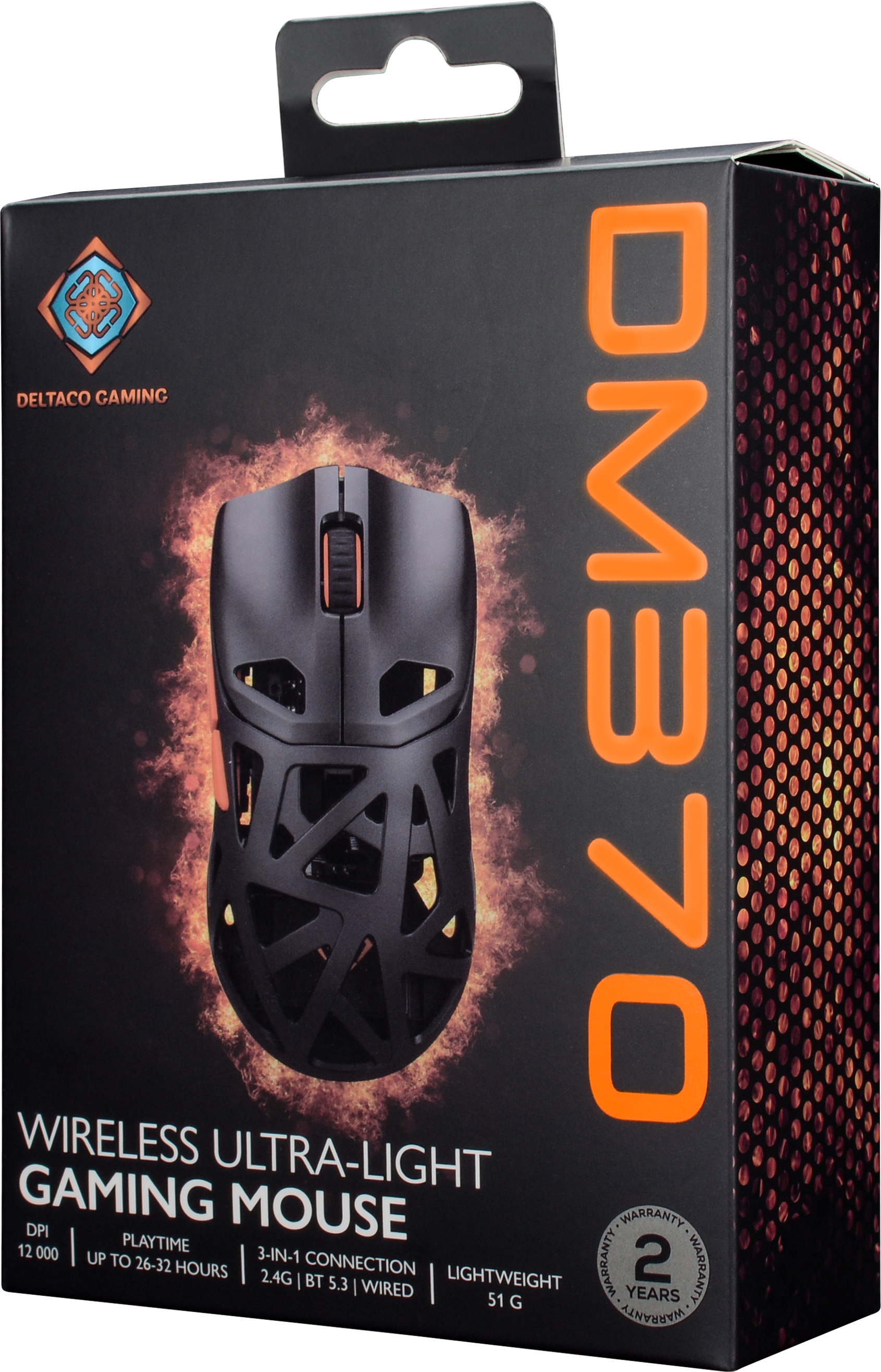 Schwarzer Karton für eine Gaming-Maus mit orangefarbenem Text und einer Mausillustration. Enthält Produktspezifikationen.