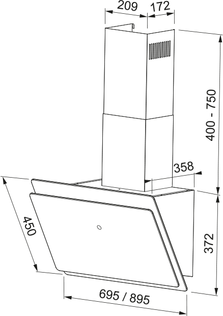 Diagrama de una campana extractora de cocina. Dimensiones etiquetadas: 695/895, 450, 372, 400-750, 209, 172 y 358.