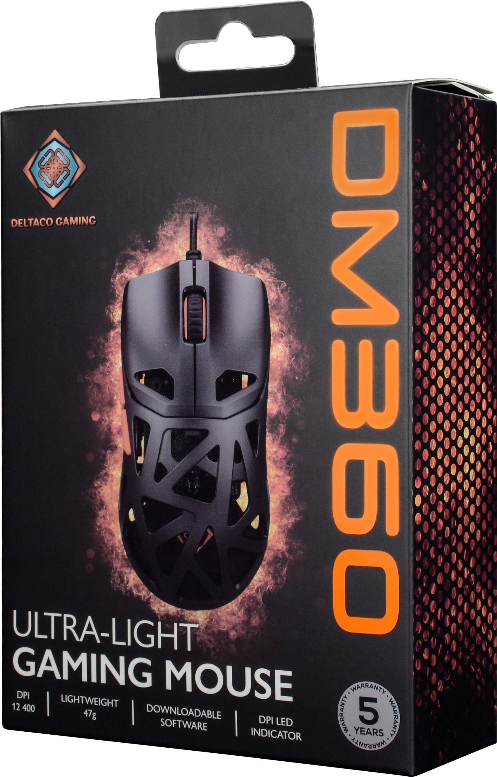 Eine schwarze Gaming-Maus in einer Box. Auf der Box steht 'ULTRA-LIGHT GAMING MOUSE' mit Produktspezifikationen. Die Maus steht im Mittelpunkt.