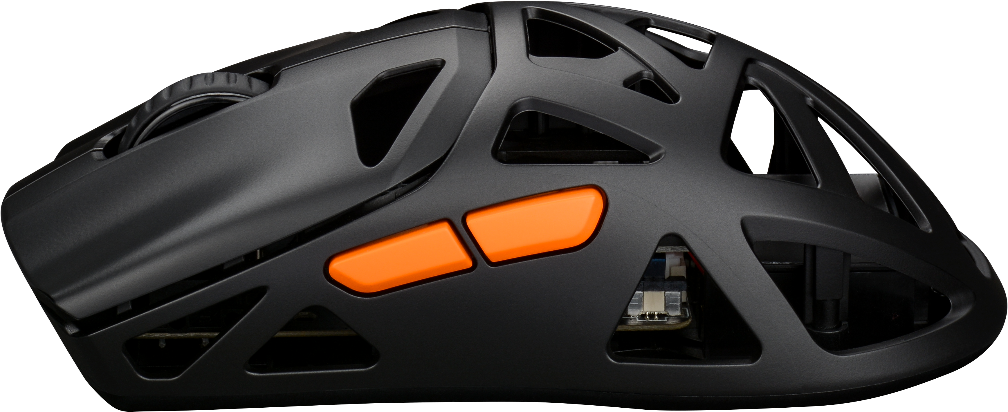Schwarze Gaming-Maus mit orangefarbenen Tasten. Die Maus hat ein skelettartiges Design. Der Hintergrund ist schwarz.