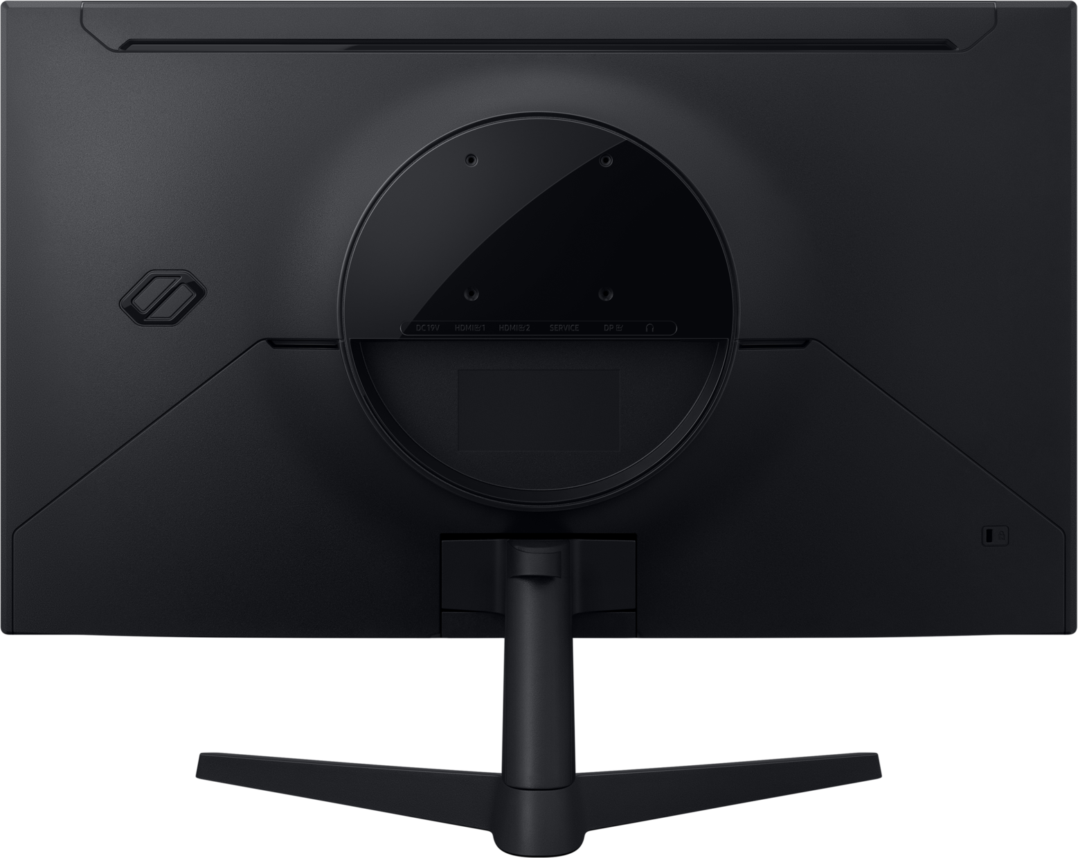 L'arrière d'un moniteur noir. Il possède une section circulaire avec des ports et un support. La surface est mate.