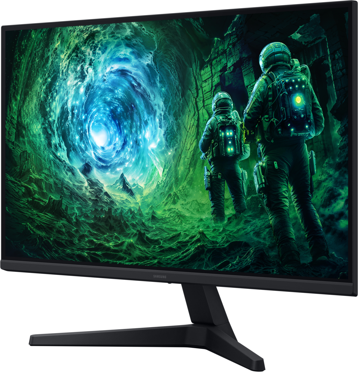 Le moniteur affiche des astronautes dans un paysage vert avec un vortex bleu. Le moniteur est noir avec le logo Samsung.