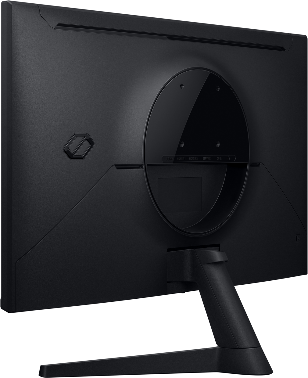 L'arrière d'un écran d'ordinateur noir est montré. Il comporte une section circulaire avec des ports et un support. La surface est mate.