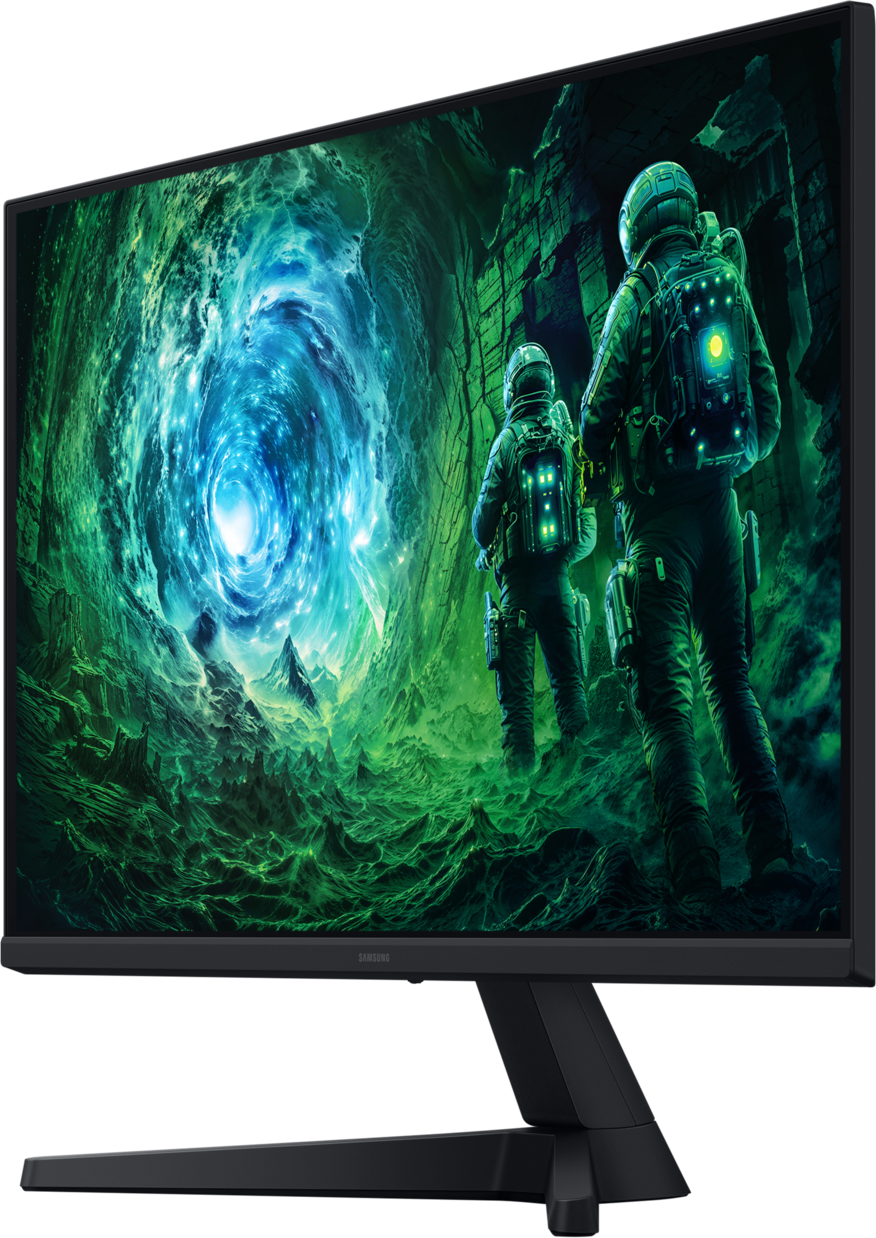 L'écran affiche des astronautes dans un paysage vert avec un vortex bleu. Le moniteur est noir avec un pied.