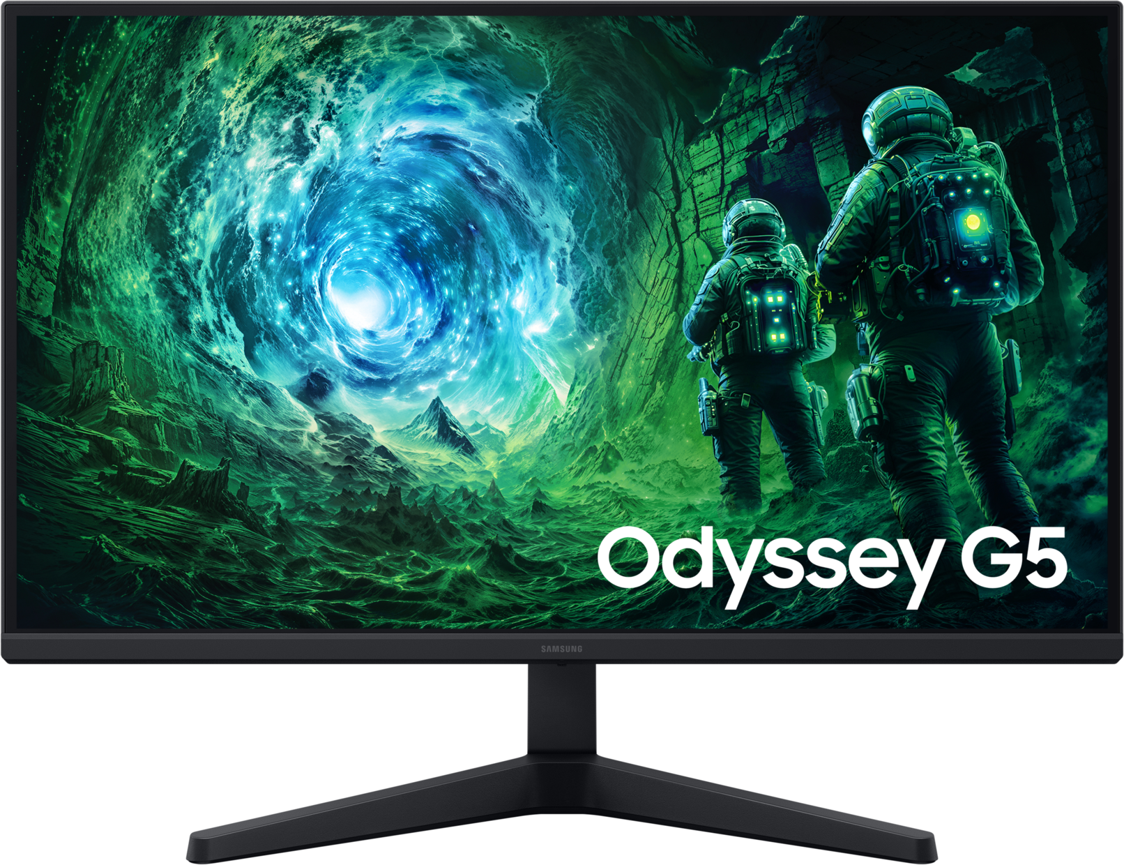 Moniteur avec des astronautes devant un fond cosmique vert et bleu. Le texte dit 'Odyssey G5'.