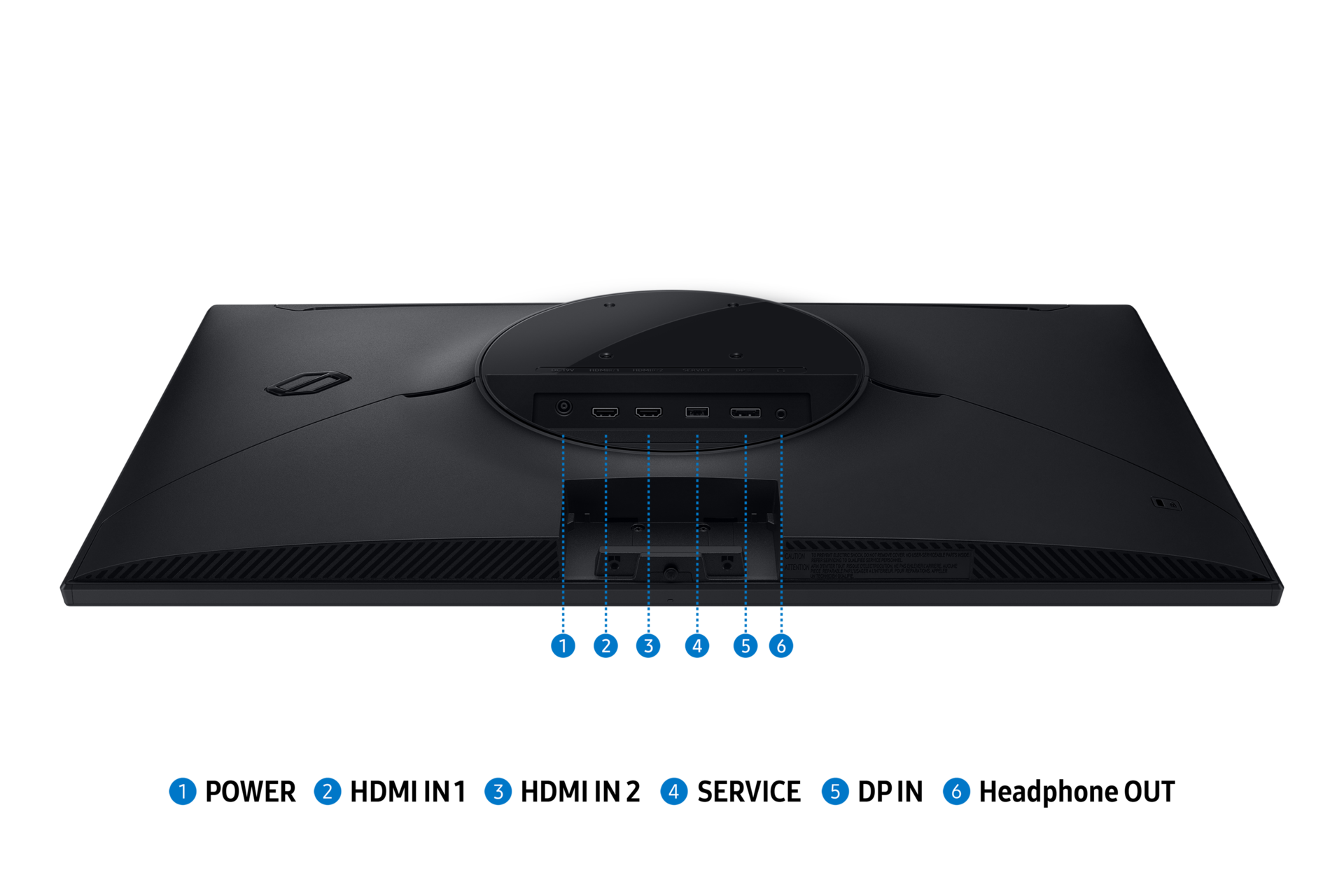 L'arrière d'un écran d'ordinateur noir avec différents ports étiquetés. Les ports HDMI et autres ports de connexion sont visibles.