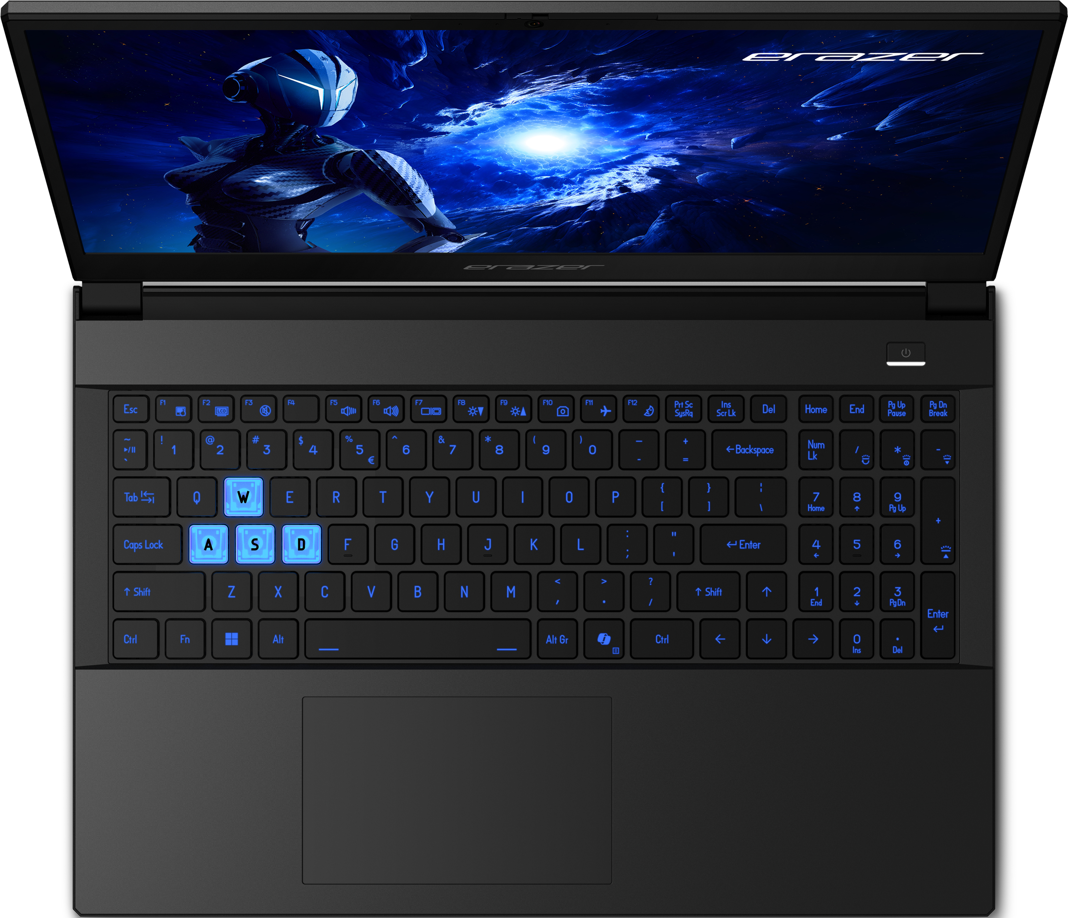 Ordinateur portable noir avec clavier bleu éclairé. Écran affiche une scène spatiale futuriste.