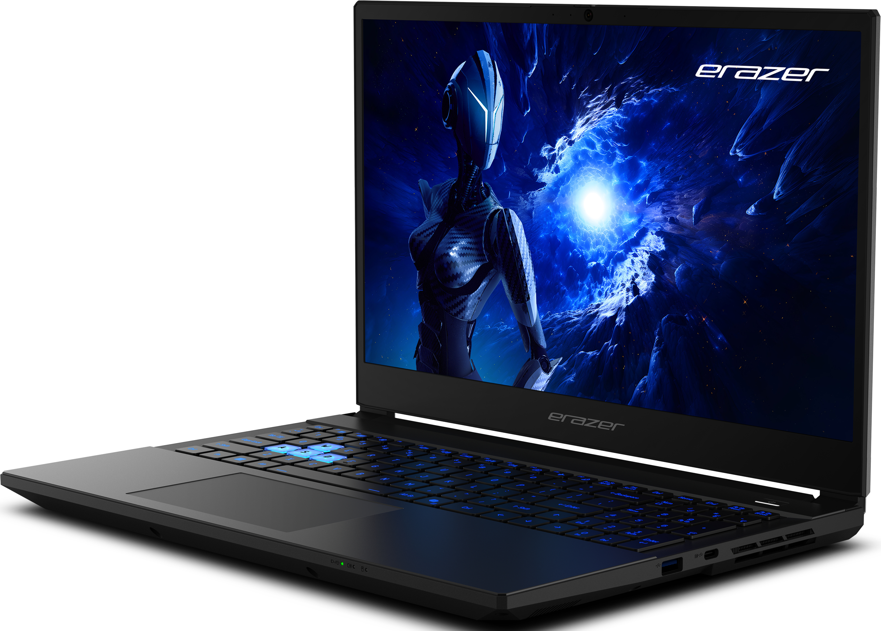 Ordinateur portable noir avec clavier bleu éclairé. Écran montre une figure futuriste dans une scène cosmique bleue. Logo 'Erazer'.