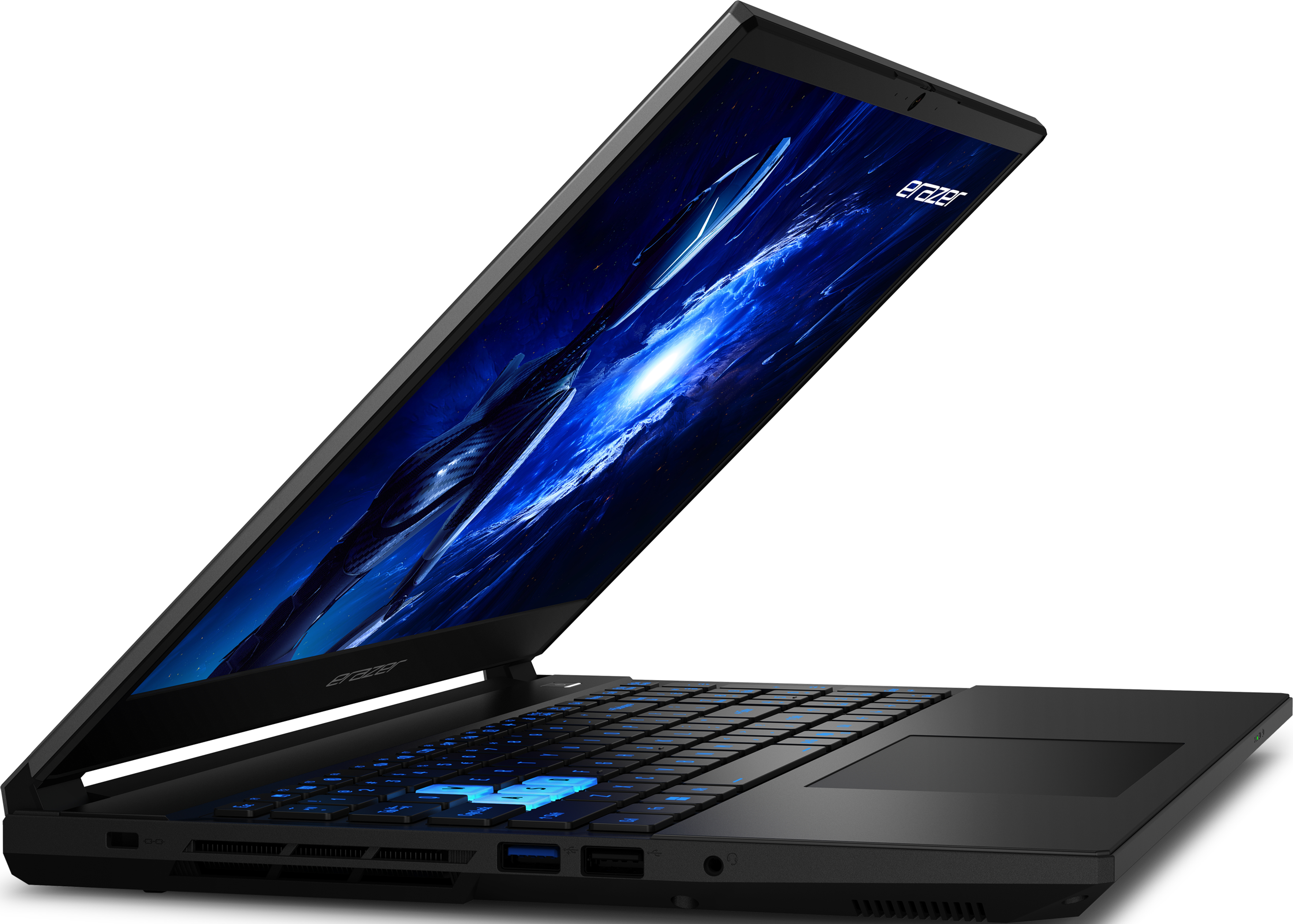 Ordinateur portable noir avec écran ouvert affichant un design bleu et blanc. Le clavier a des touches rétroéclairées bleues.