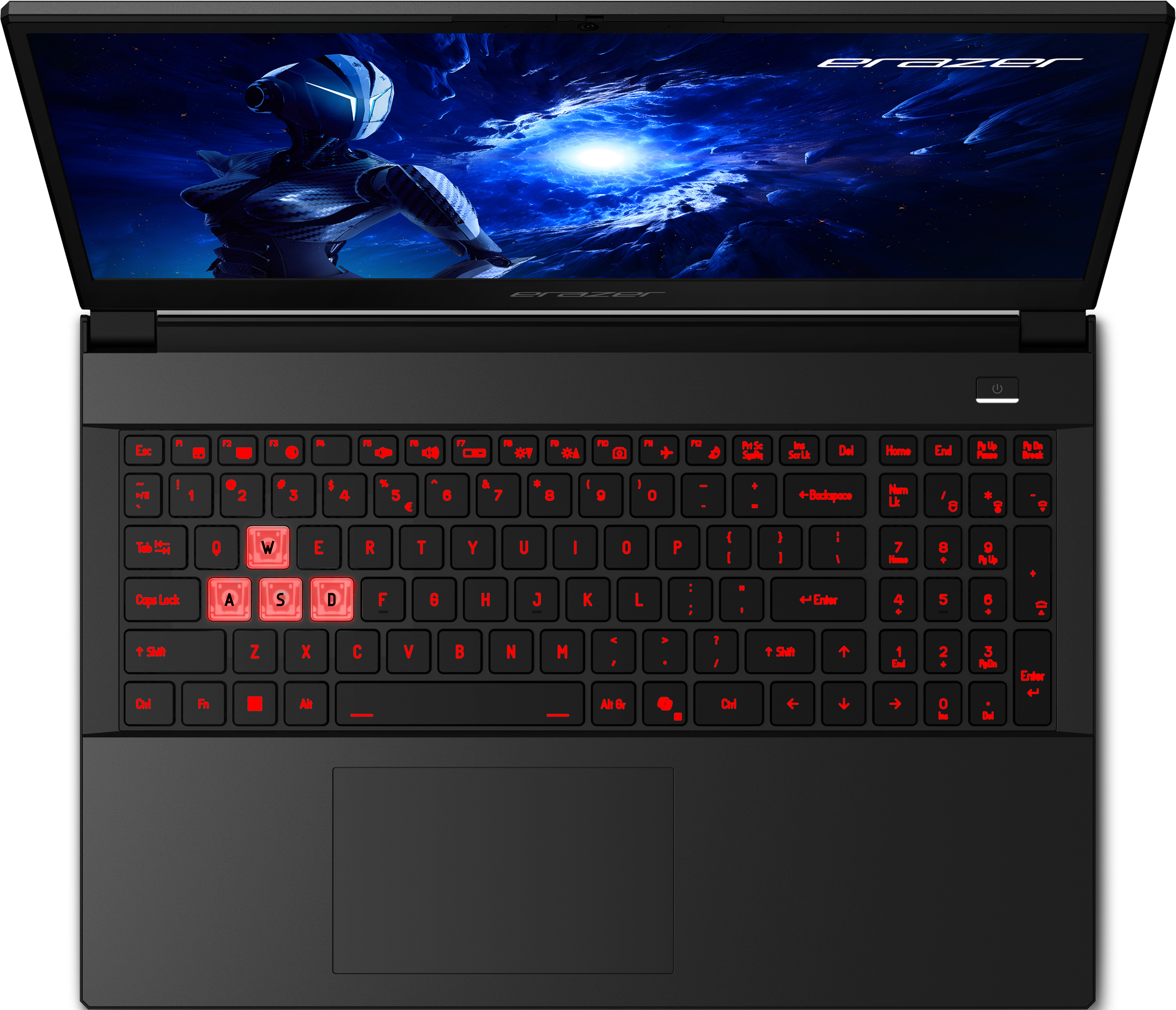 Ordinateur portable noir avec touches rétroéclairées rouges. Écran affiche scène SF avec robot et fond étoilé.
