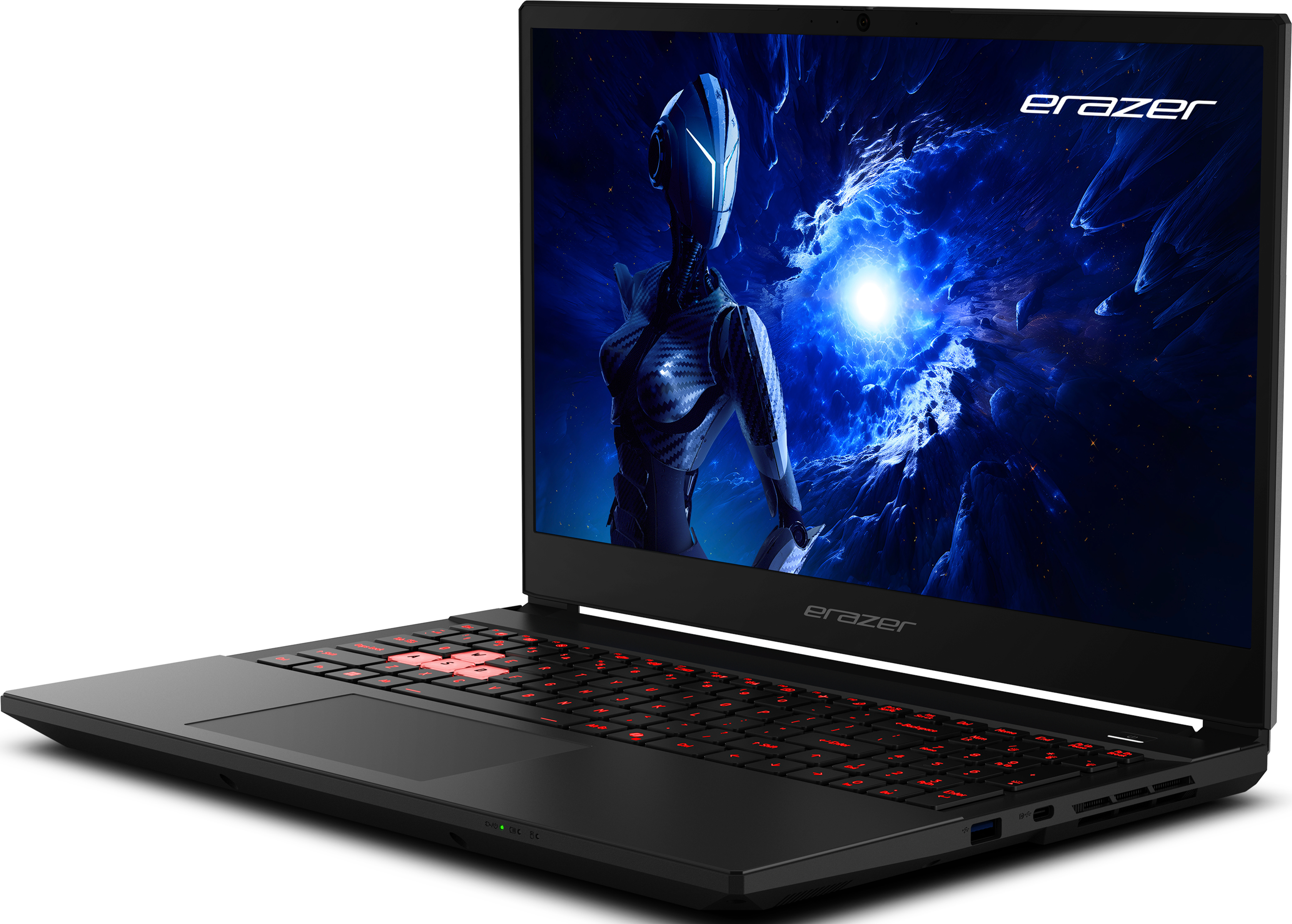 Ordinateur portable noir avec touches rétroéclairées rouges. L'écran affiche une figure futuriste dans une scène cosmique bleue.
