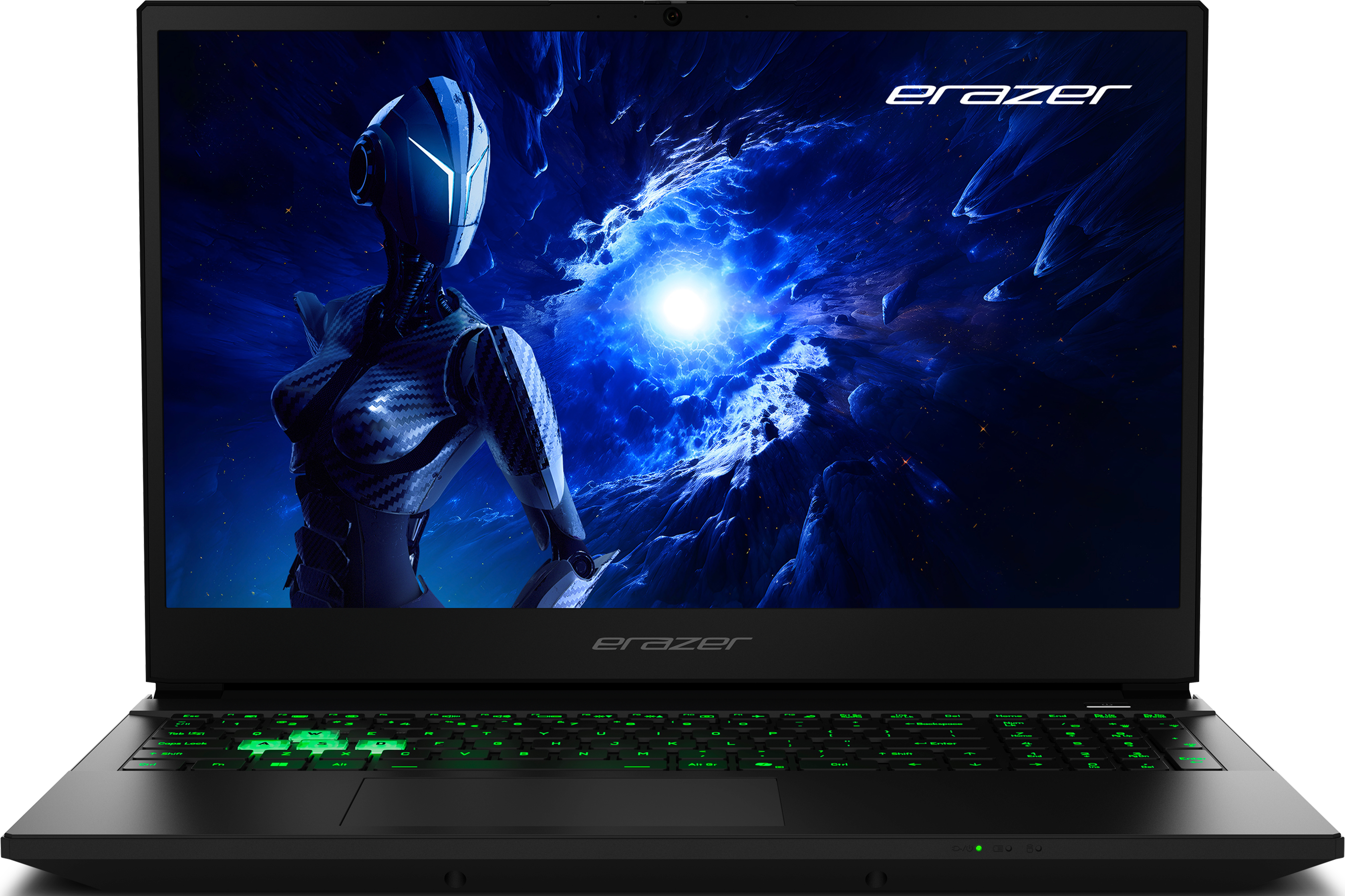 Ordinateur portable noir avec clavier rétroéclairé vert. L'écran affiche un robot dans une scène cosmique bleue, avec le logo 'Erazer'.