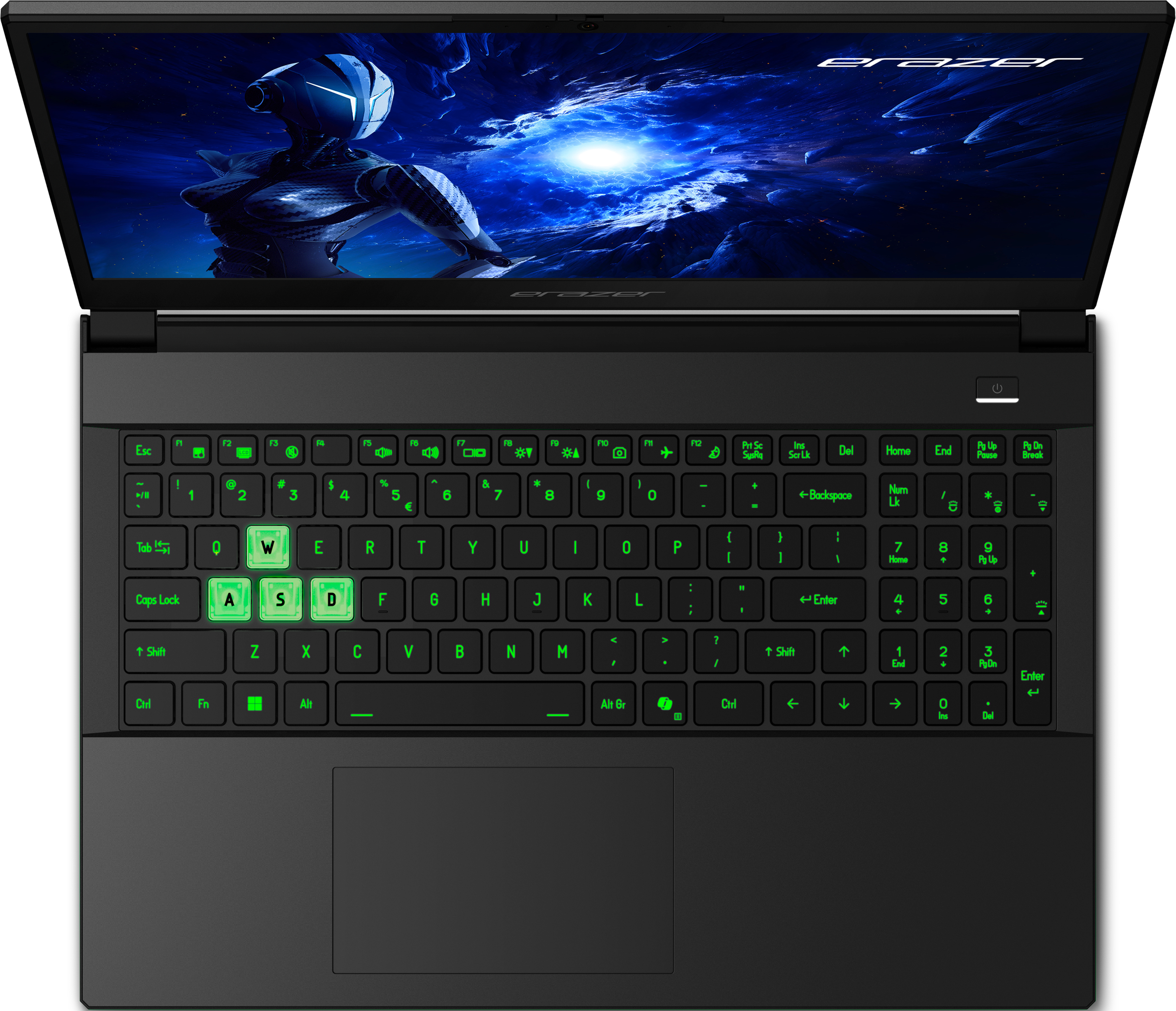 Ordinateur portable noir avec clavier rétro-éclairé vert. L'écran affiche une scène futuriste avec un robot bleu.