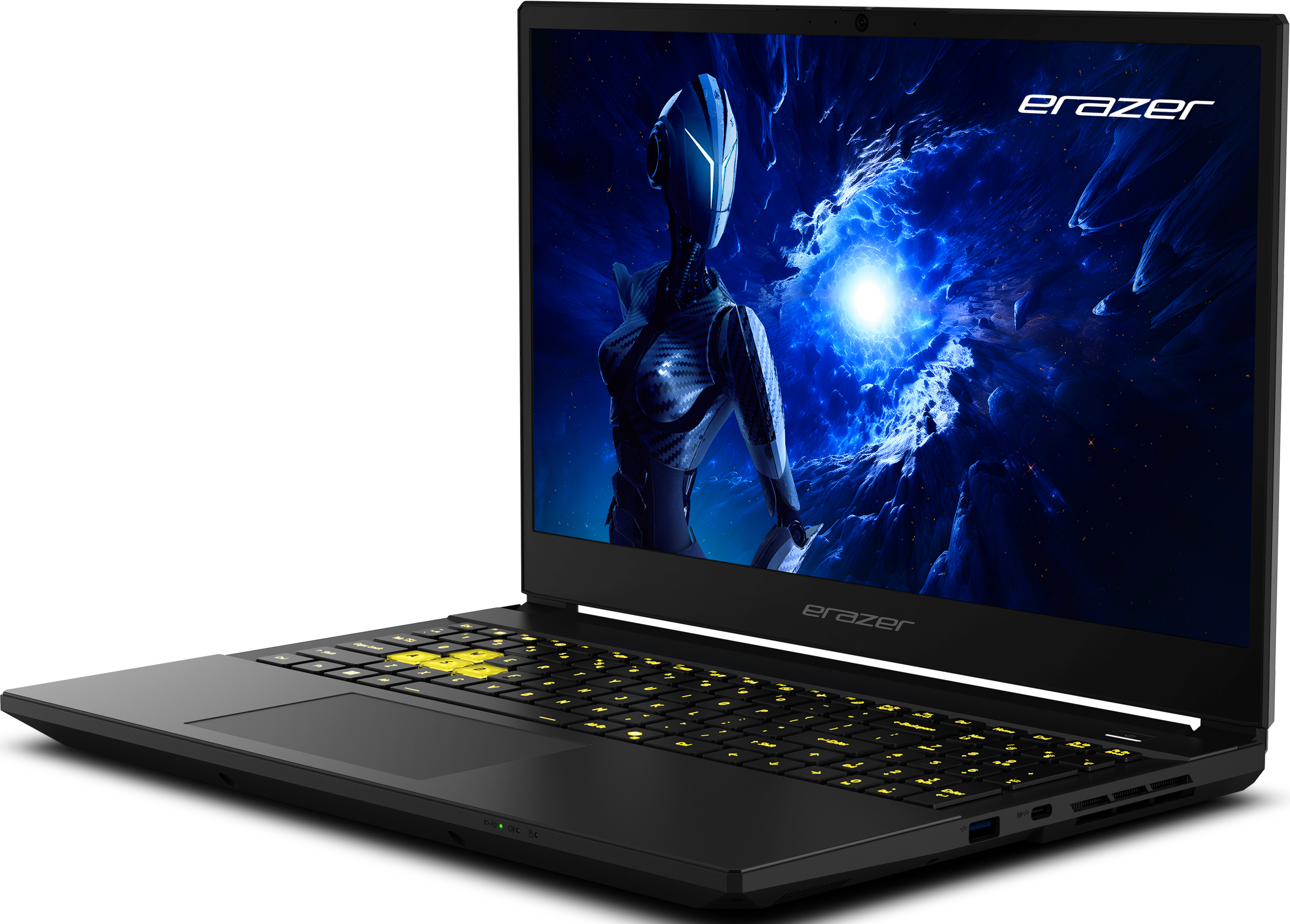 Ordinateur portable noir avec clavier rétro-éclairé jaune. Écran montre une figure futuriste sur fond bleu. Le logo 'erazer' est visible.