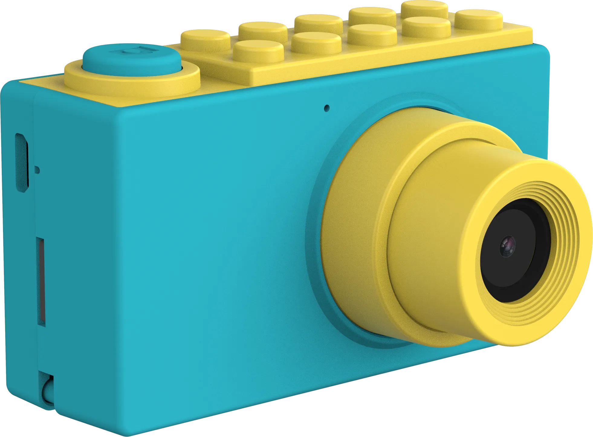 Un appareil photo jouet, turquoise et jaune. Il a un objectif, des boutons sur le dessus et un corps rectangulaire. Fond noir.