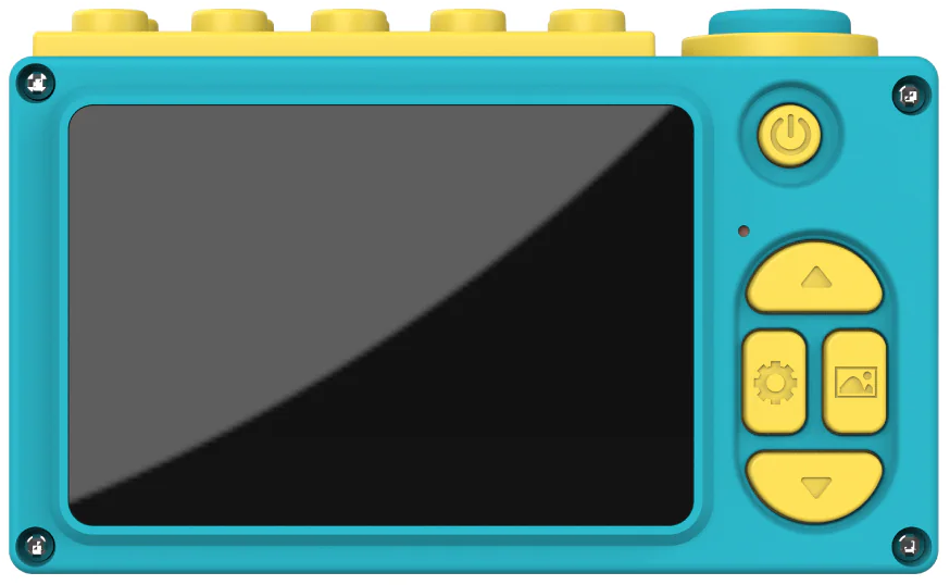 Un appareil photo jouet, turquoise et jaune. Il possède un écran et plusieurs boutons. Le dessus comporte des blocs jaunes.