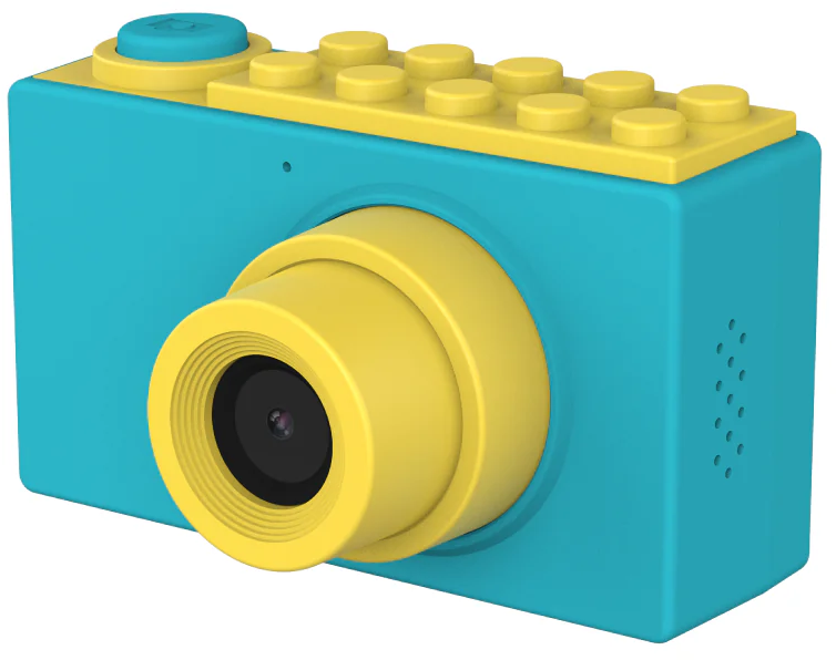 Un appareil photo jouet, corps bleu, objectif et dessus jaunes. Ressemble à des briques Lego. Objectif noir, bouton bleu dessus.