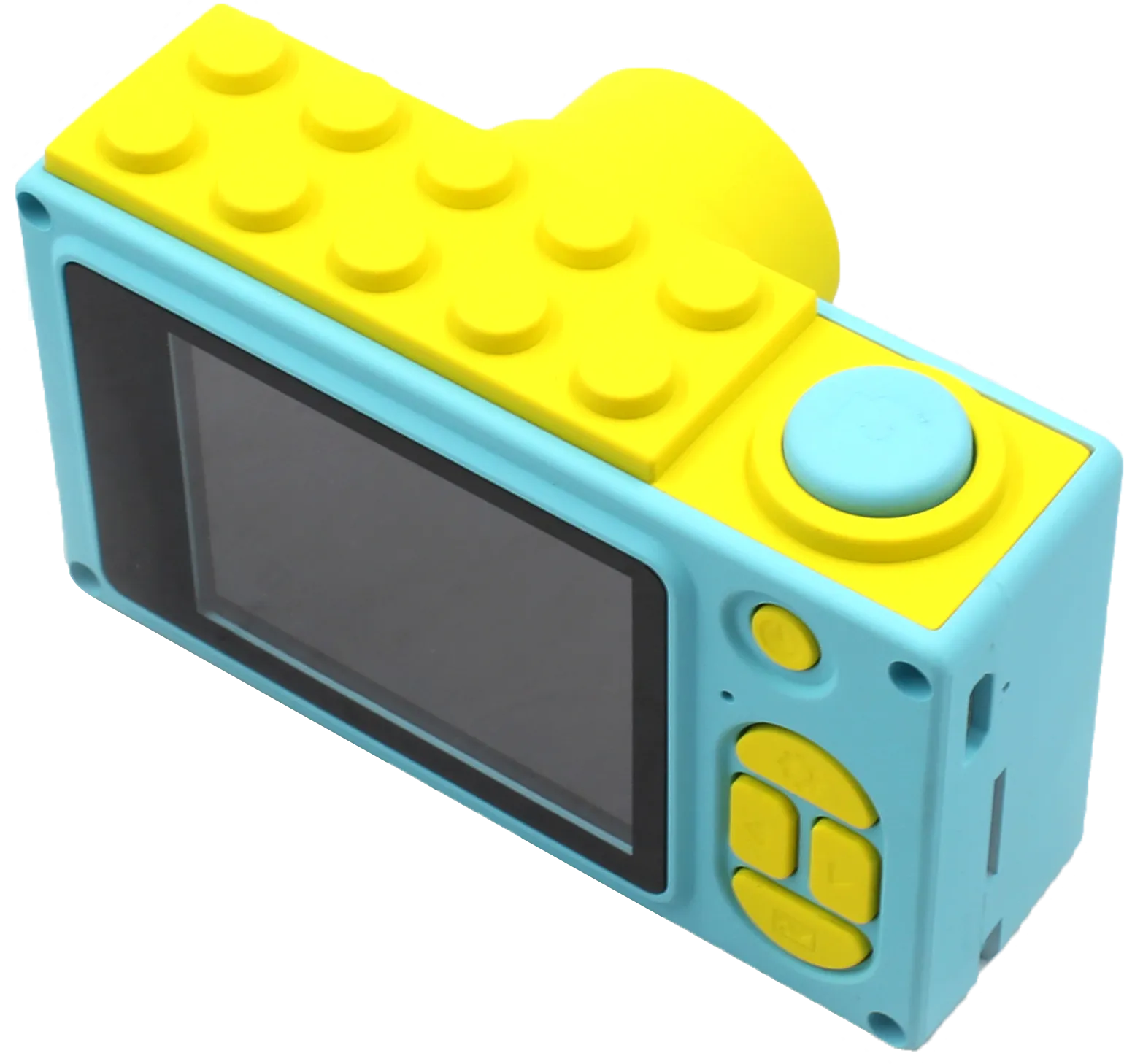 Un appareil photo jouet, bleu clair avec des accents jaunes et des boutons. Il a un écran noir et un dessus jaune de type Lego.