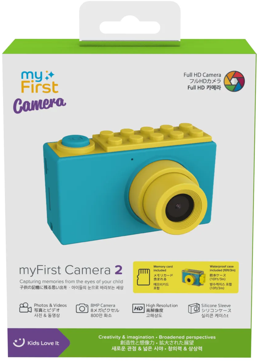 Boîte d'un appareil photo pour enfants en bleu et jaune. Il a un grand objectif et des boutons. La boîte montre les fonctionnalités et le nom de la marque.
