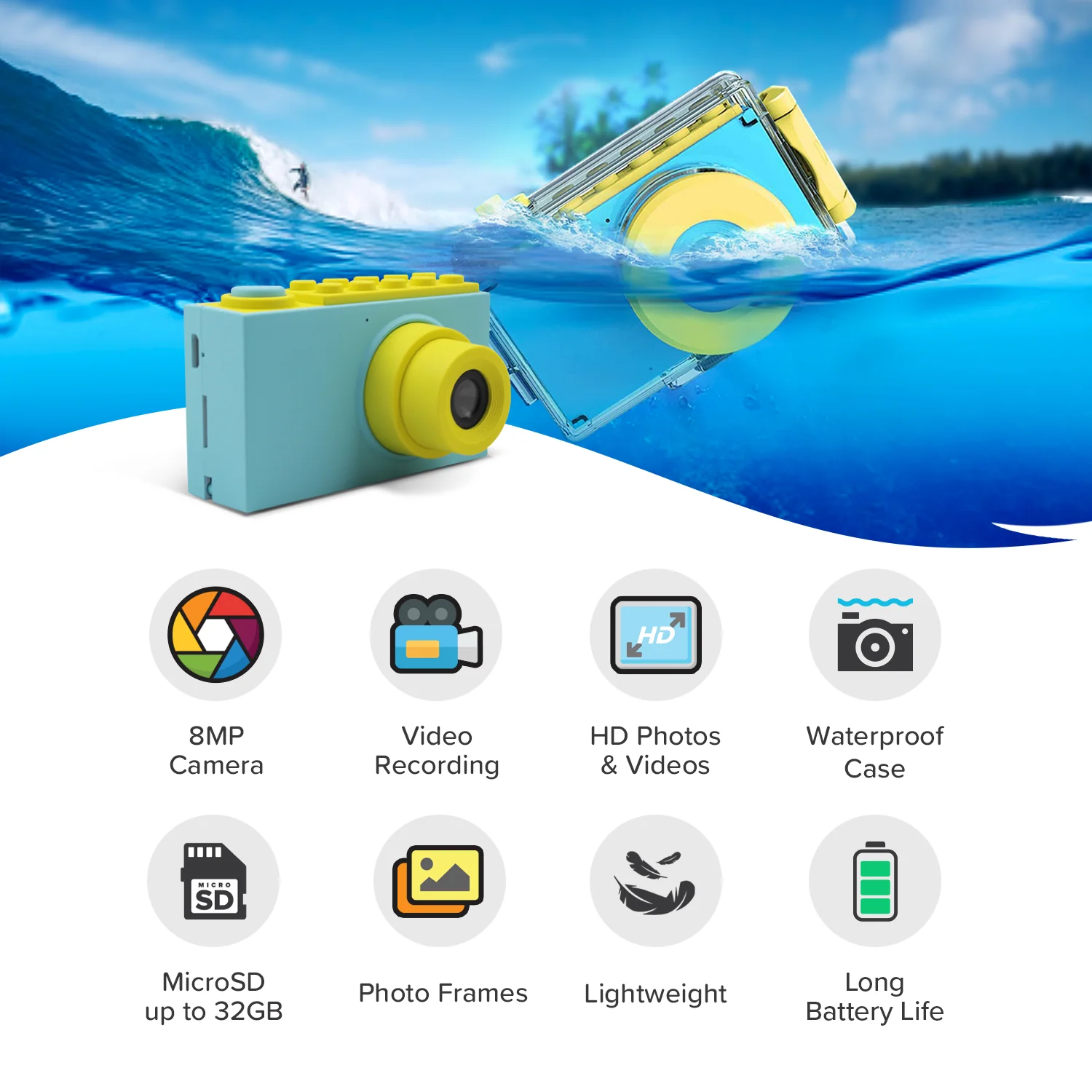 Un appareil photo étanche bleu et jaune dans l'eau, avec des icônes en dessous indiquant des fonctionnalités comme 8MP, photos HD et longue durée de vie de la batterie.