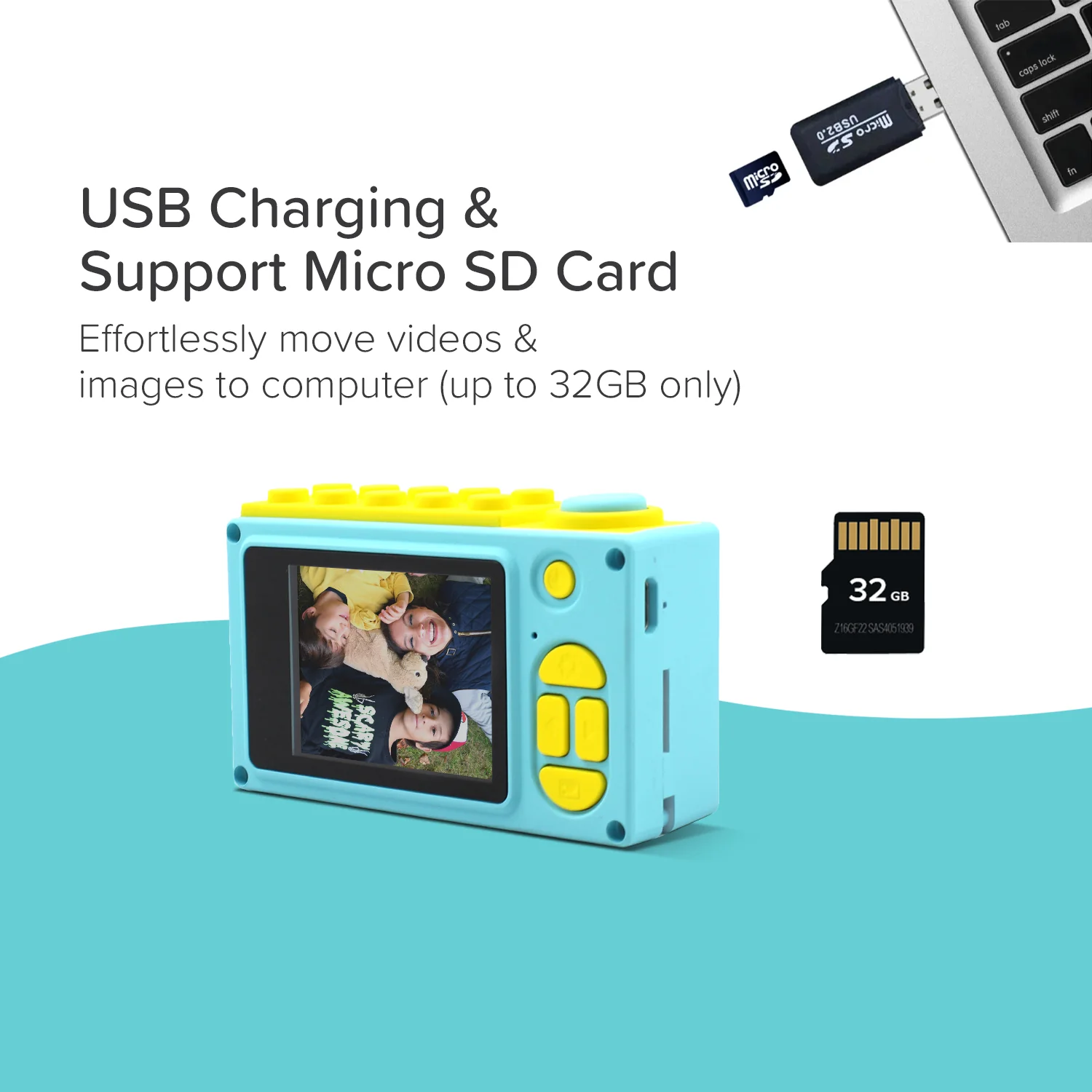 Un appareil photo bleu et jaune avec un écran affichant une photo de famille. Une clé USB et une carte SD sont également présentes.