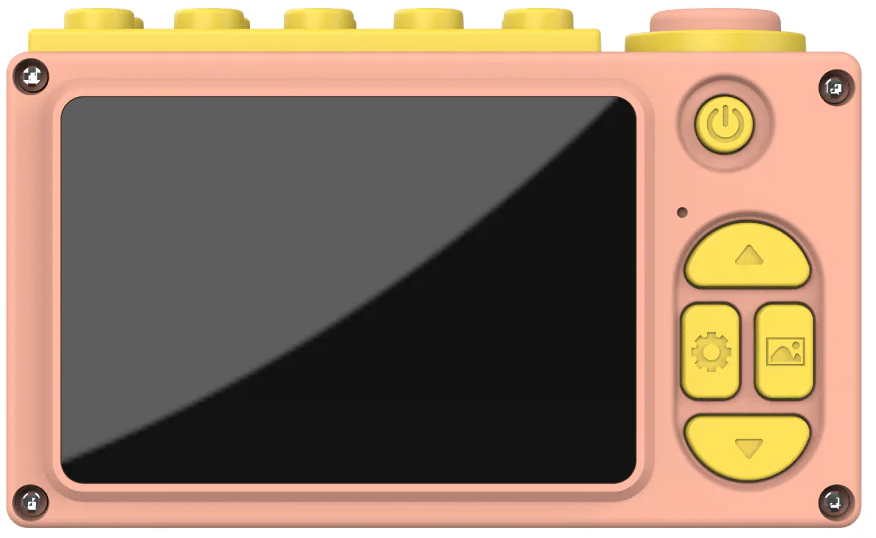 Appareil photo jouet rose avec des accents jaunes. Comprend un écran, un bouton d'alimentation et des commandes.