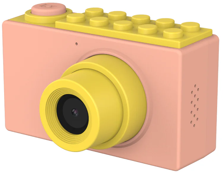 Un appareil photo rose avec des touches de jaune, notamment l'objectif et le dessus. L'objectif est centré, et le dessus a des éléments en forme de briques.