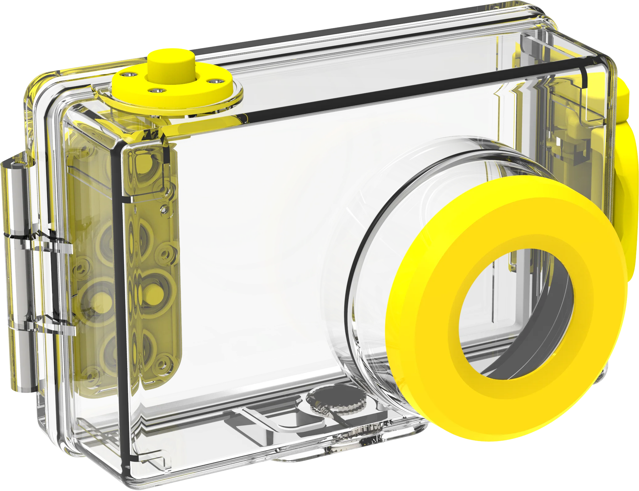 Boîtier de caméra sous-marine transparent avec des accents jaunes. Le boîtier a un objectif et des commandes jaunes.