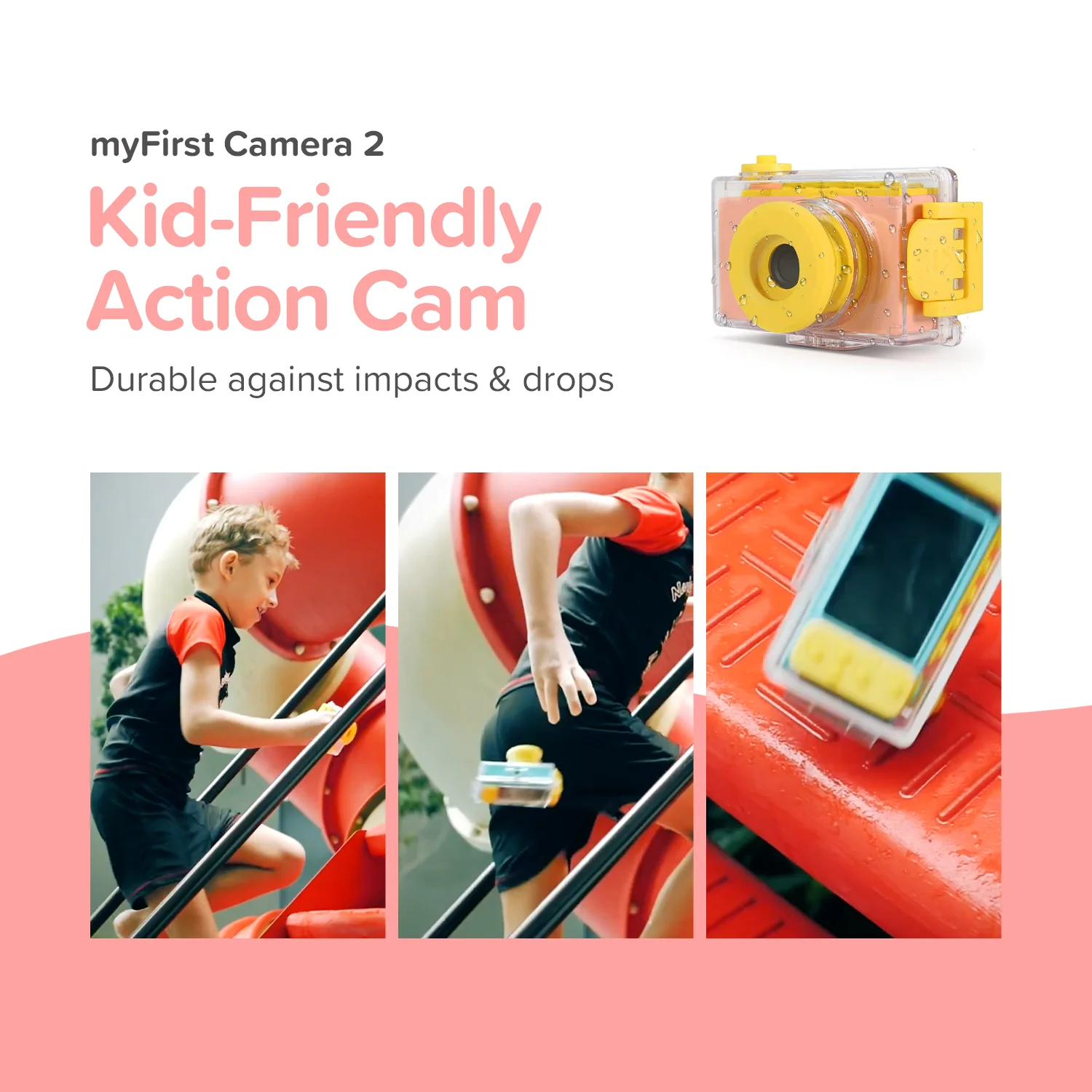 L'image montre une caméra d'action pour enfants. Un enfant monte un escalier de jeu. La caméra est jaune et transparente.