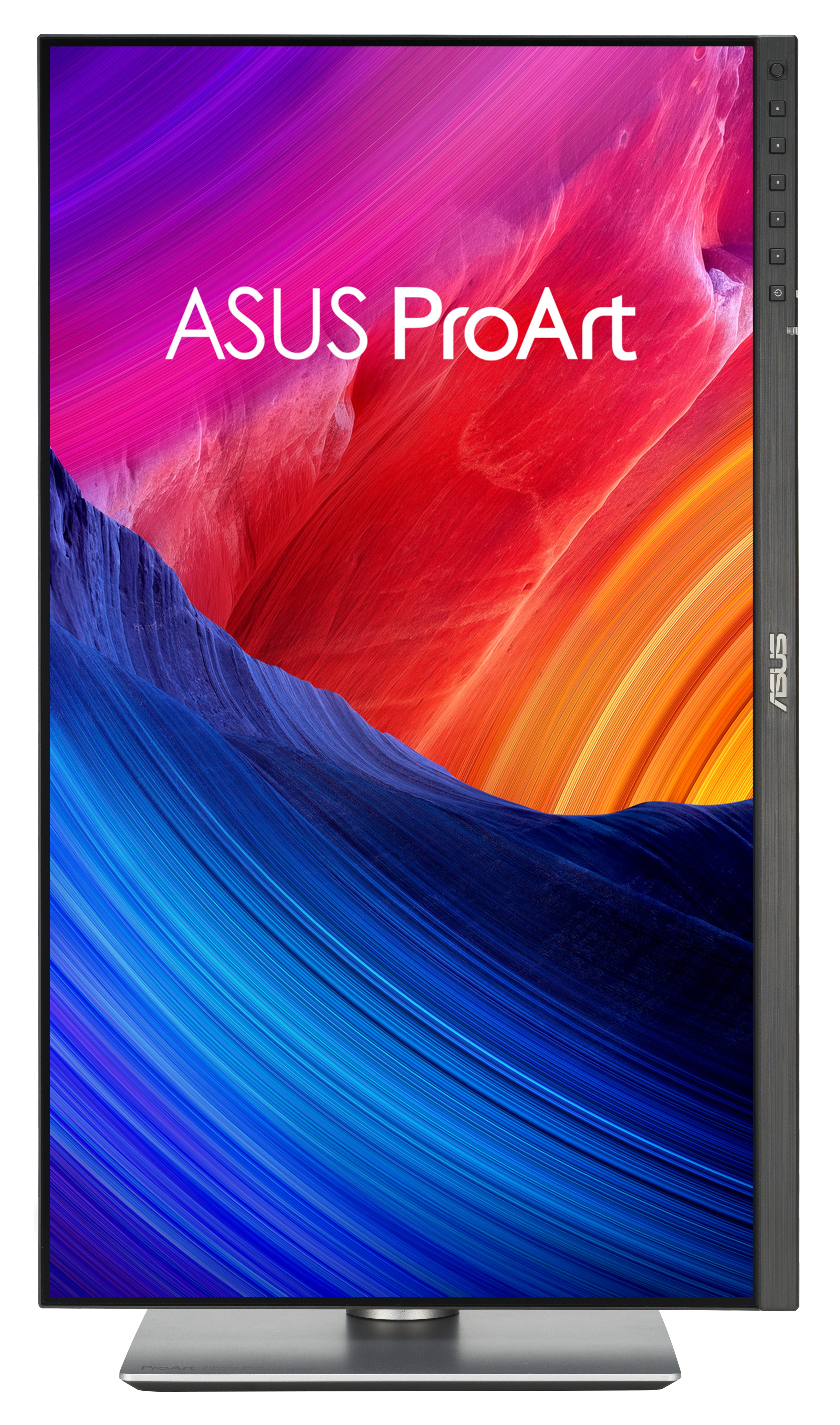 Monitor ASUS ProArt. Ekran wyświetla kolorowy, abstrakcyjny wzór. Monitor ma srebrną podstawę i czarną ramkę.