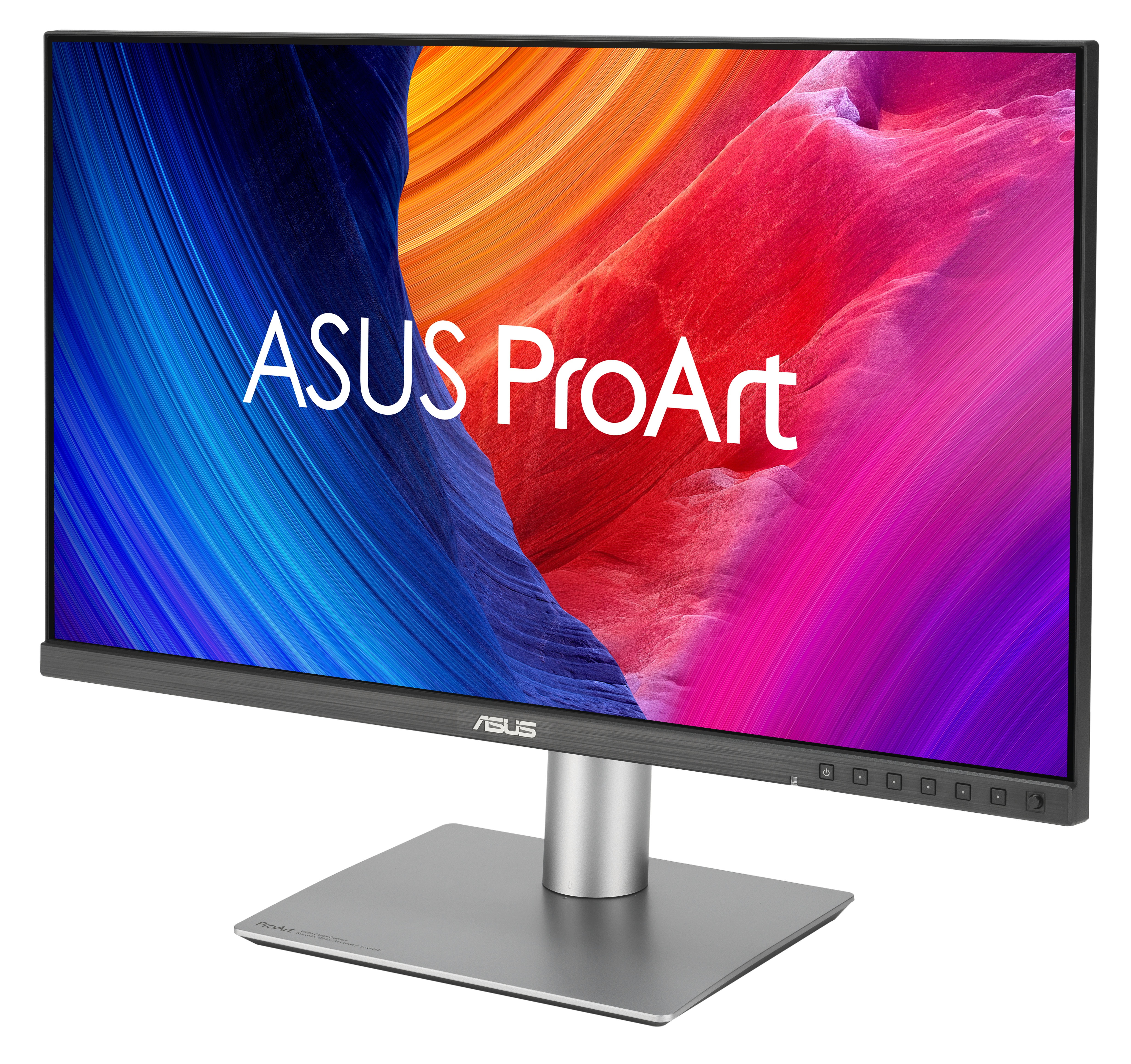 Monitor ASUS ProArt. Ekran wyświetla kolorową sztukę abstrakcyjną. Jest na szarej podstawie i ma czarną ramkę.