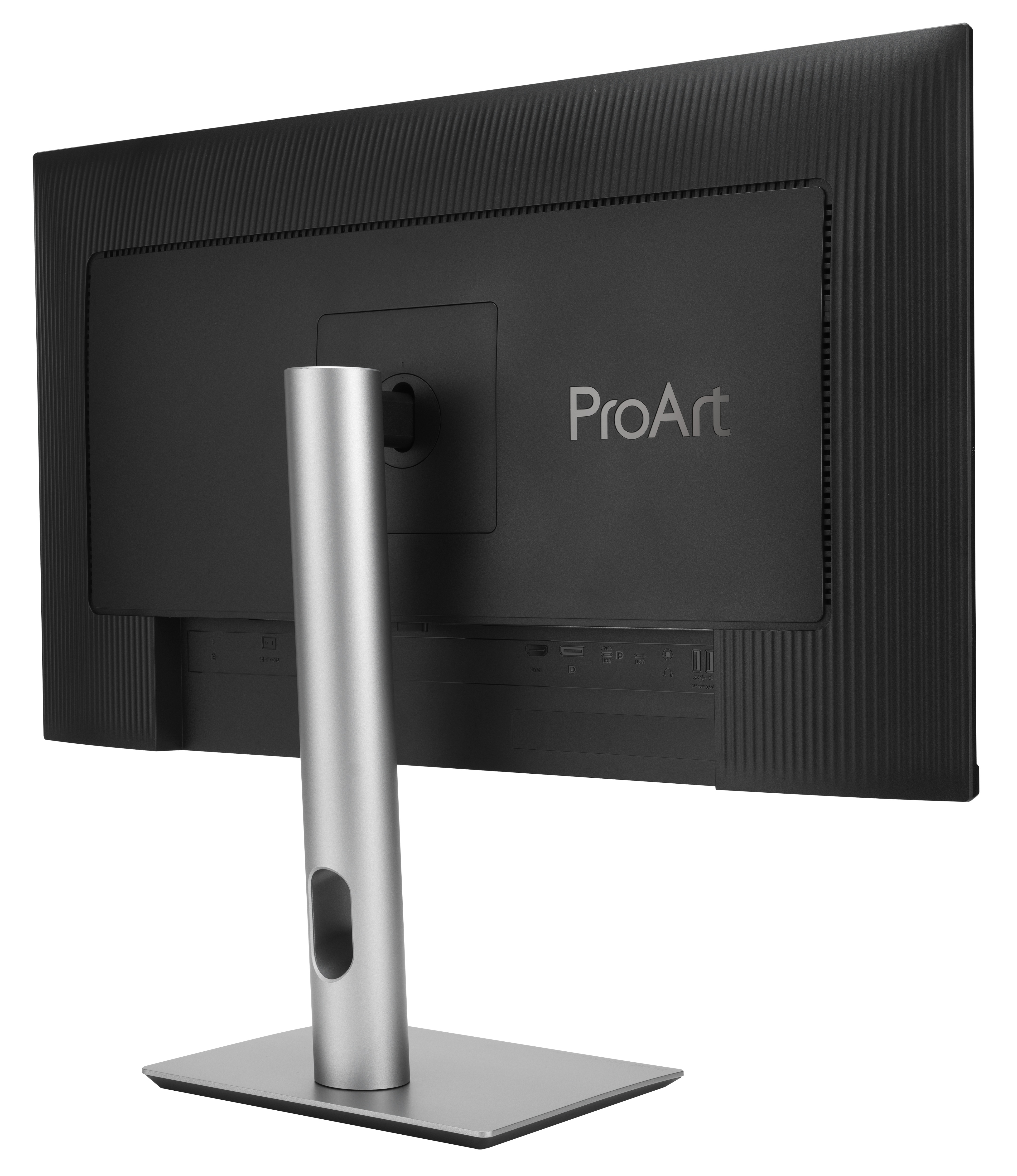 Widok z tyłu czarnego monitora z logo ProArt. Srebrna podstawa wspiera monitor.