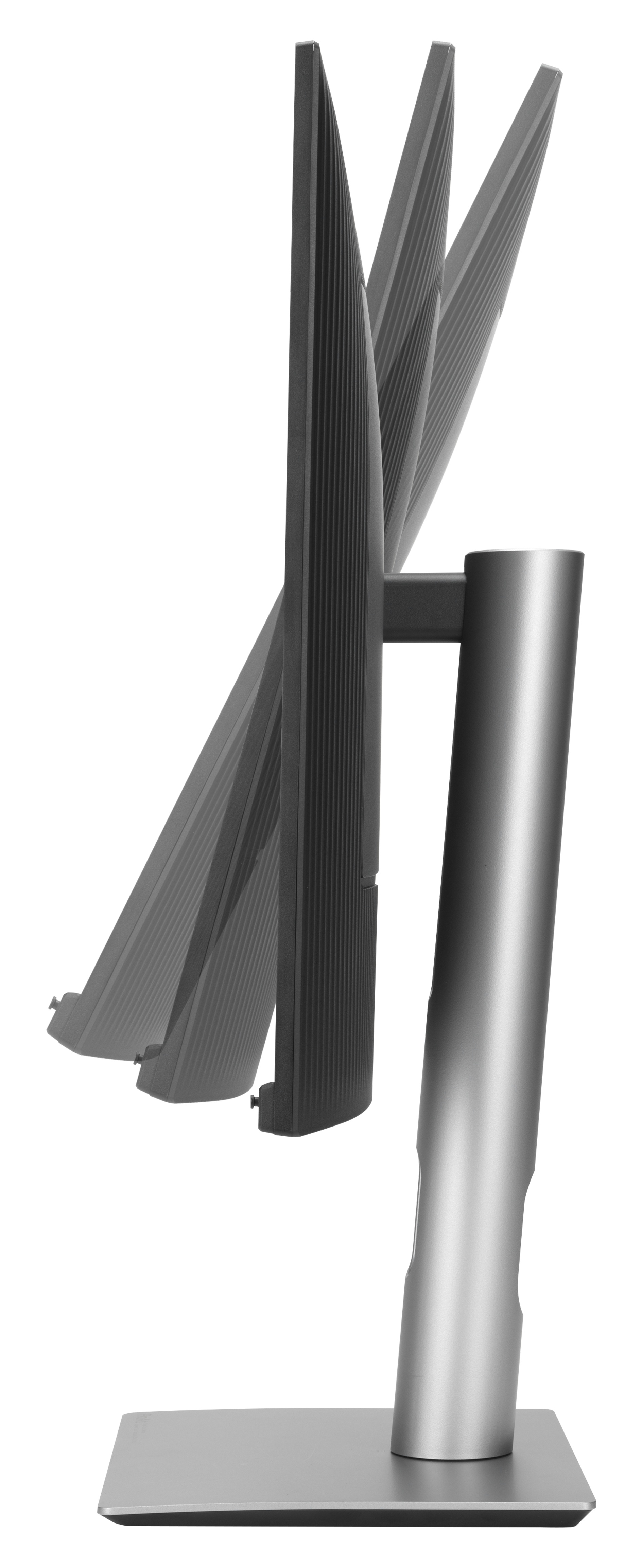 Monitor komputera pokazany pod kątem. Monitor i podstawka są w odcieniach szarości na białym tle.